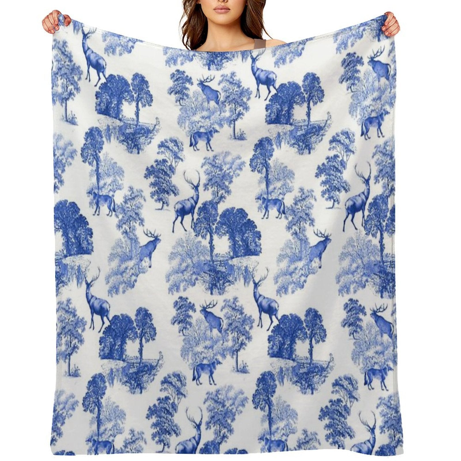 Elegant Vintage Blue Toile Deer in Woodland Travel-friendly Throw Blanket
