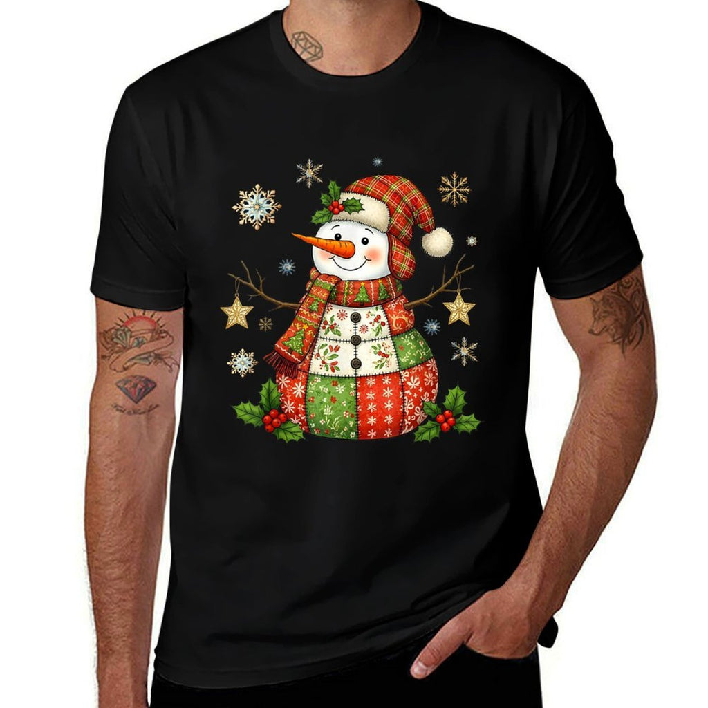 Snow Man Quilt Christmas Pajama Funny Family  High-quality Stitching T-Shirt