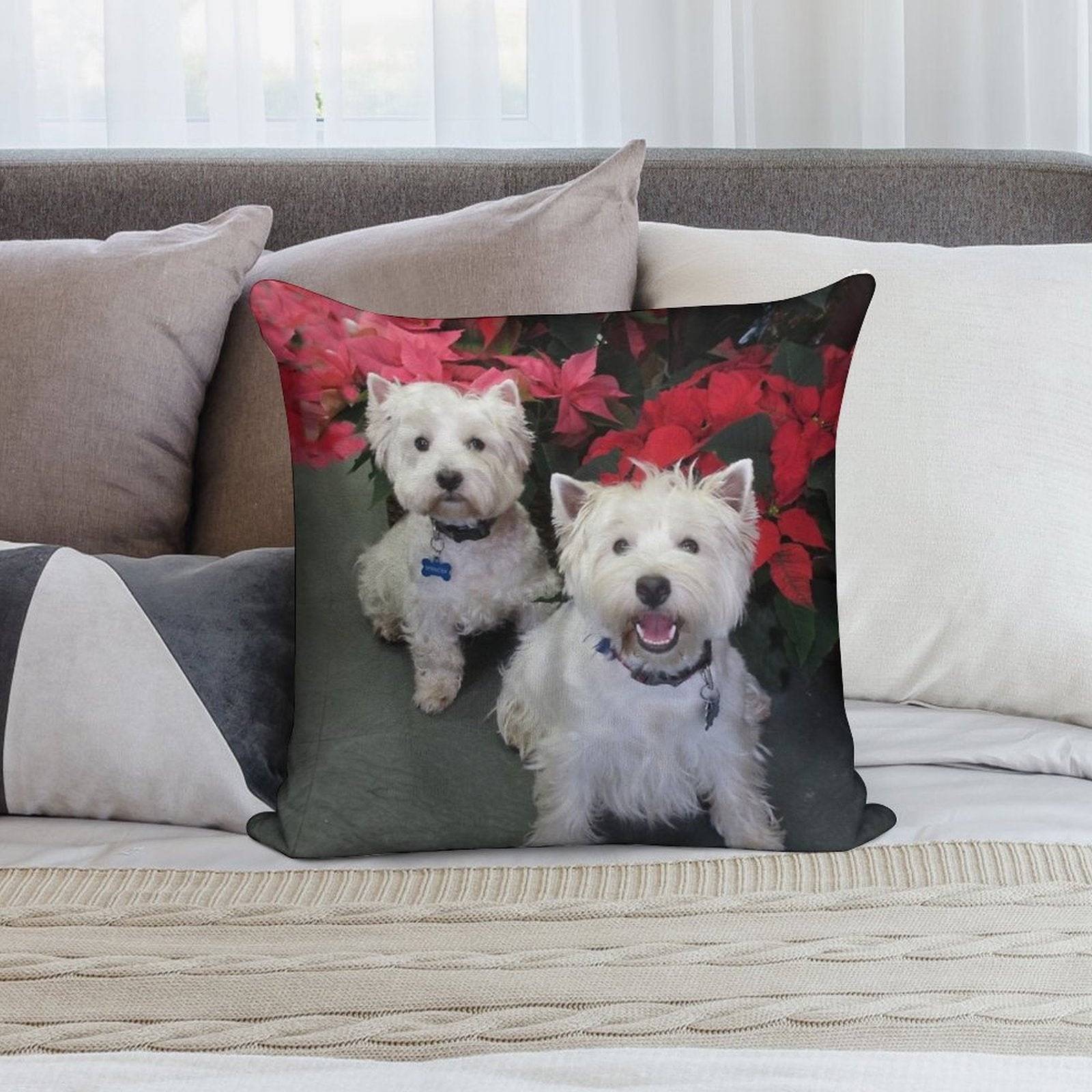 White Westie Christmas Soft Decorative Cover Throw Pillow
