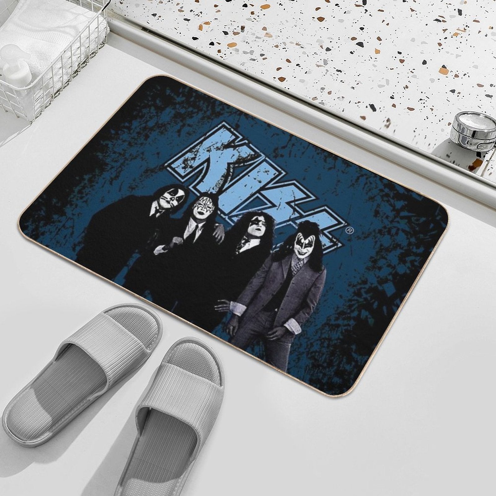 KISS ® The Band - Blue Background Logo Grunge  Easy To Clean Bath Mat