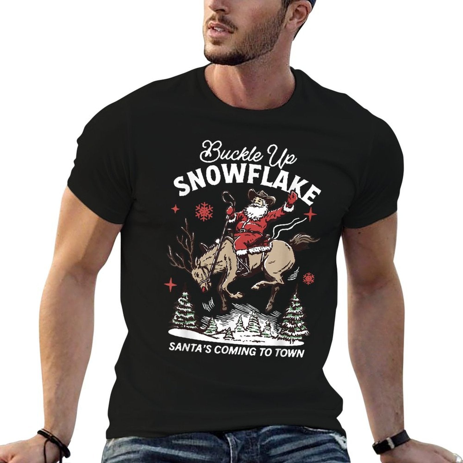 Buckle Up Snowflake Santa Cowboy Western Holiday Christmas  Cotton T-Shirt