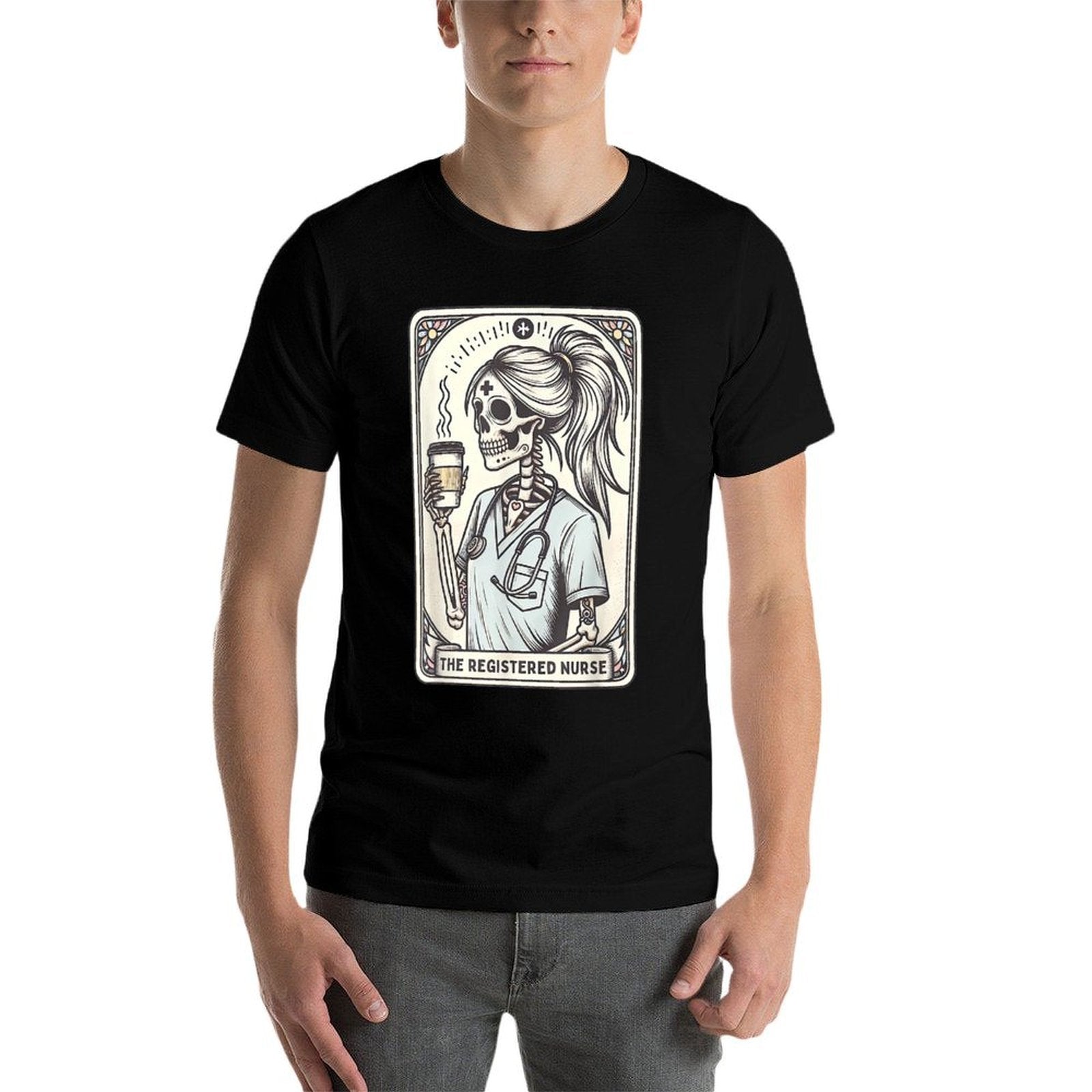 The Registered Nurse Tarot Card Skeleton RN Nursing Doctor  Ribbed Collar T-Shirt