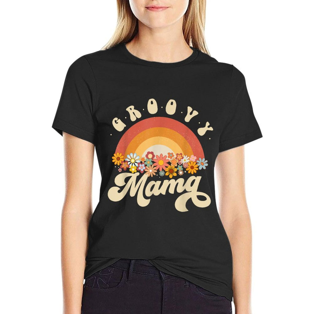 Groovy Mama Retro Rainbow Colorful Flowers Design Mom  Fade-proof Color T-Shirt