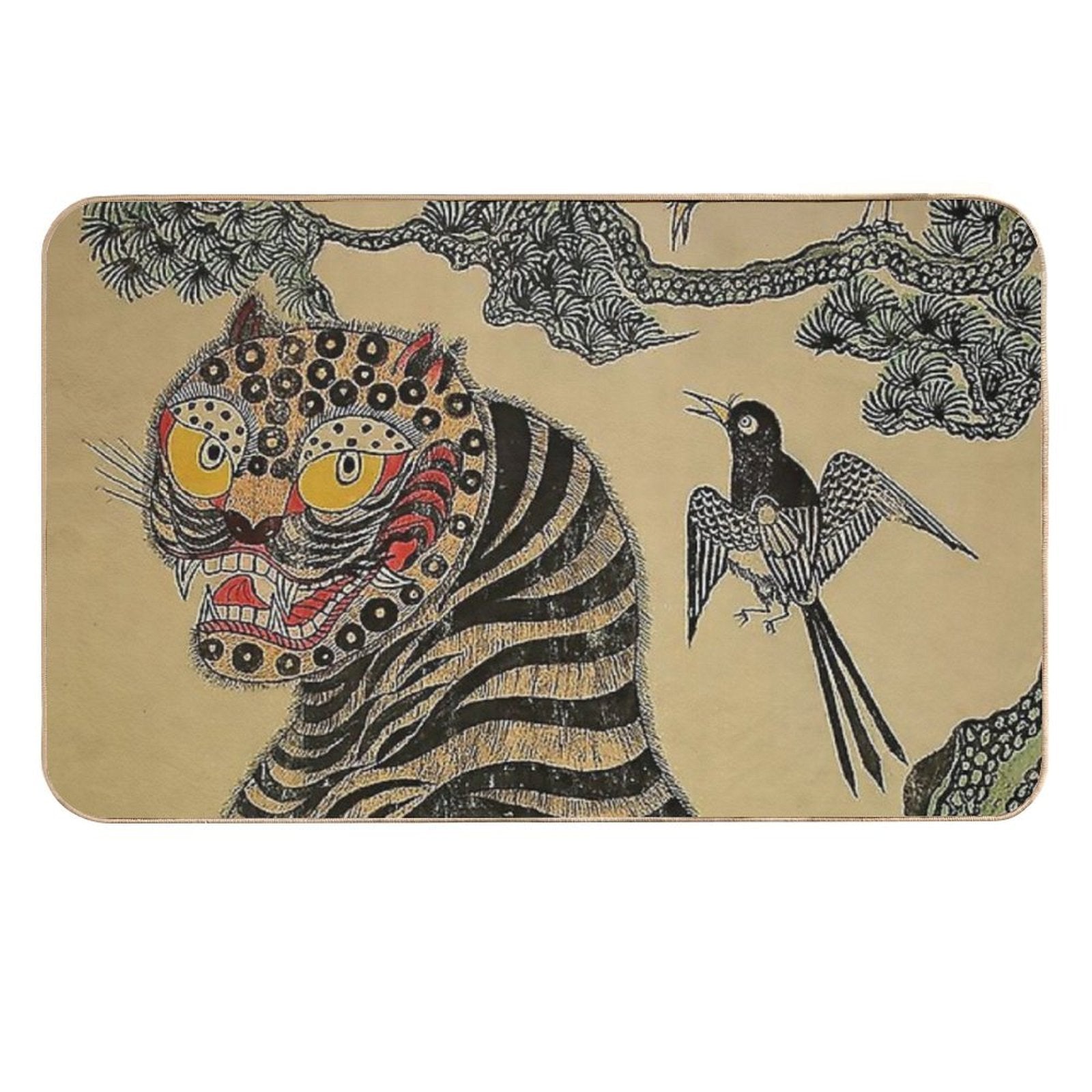 Striped Vintage Minhwa Tiger And Magpie  Easy To Clean Bath Mat
