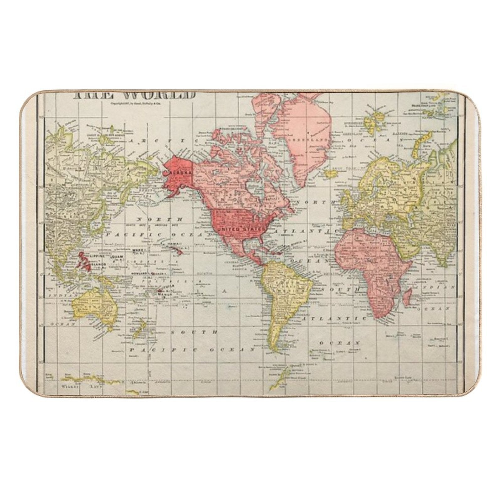 Vintage Historical Detailed Red Yellow Color USA Centric World Map Boho  High-Traffic Bath Mat