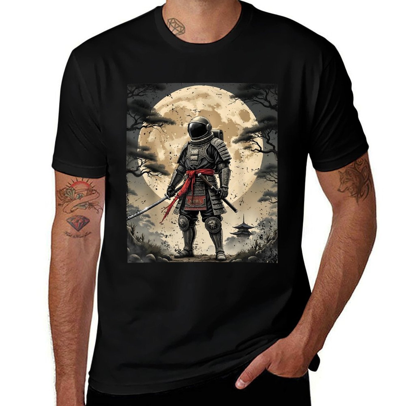 Samurai Astronaut Japanese Moon Vintage Graphic Ukiyo-e Art  Quick-drying T-Shirt