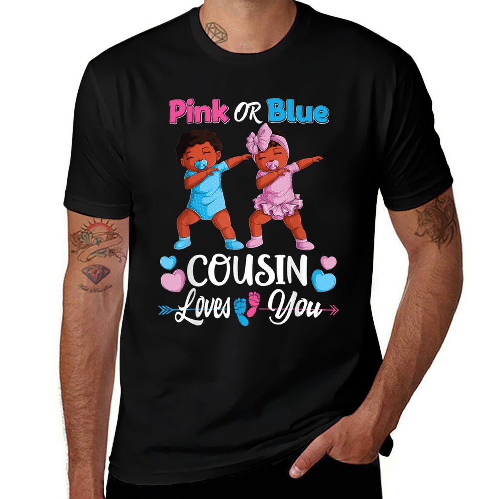 Pink Or Blue Cousin Loves You Black Baby Gender Reveal Party  Eco-friendly Material T-Shirt