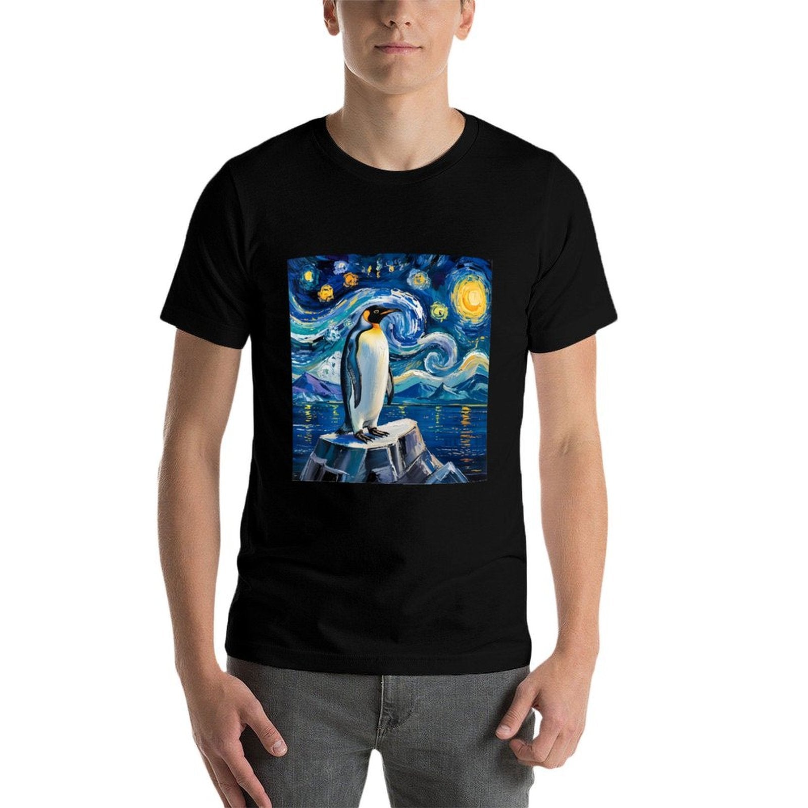 Penguin Starry Night Funny Penguin Art Van Gogh Style  High-quality Stitching T-Shirt