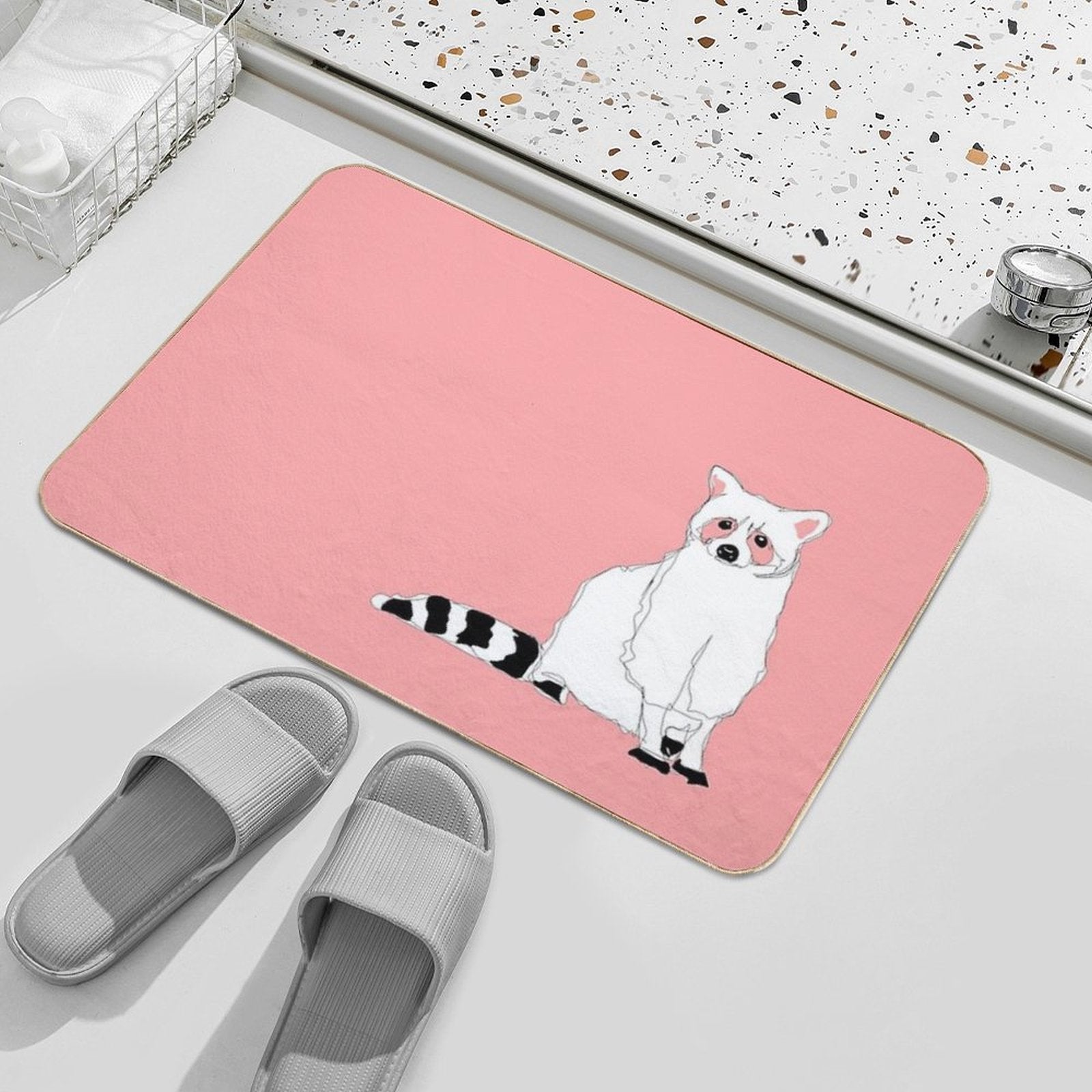 Minimalistic Pink Raccoon Line Art Decor  Multi-Purpose Bath Mat