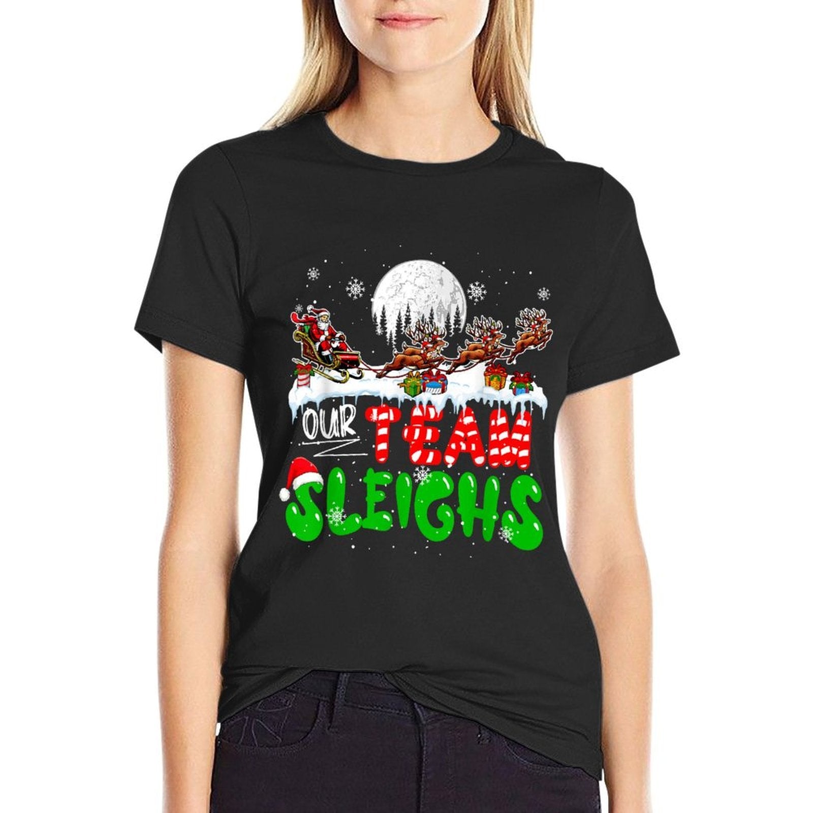 Our Team Sleighs Xmas Family Group Santa Sleigh Reindeer  High-quality Stitching T-Shirt