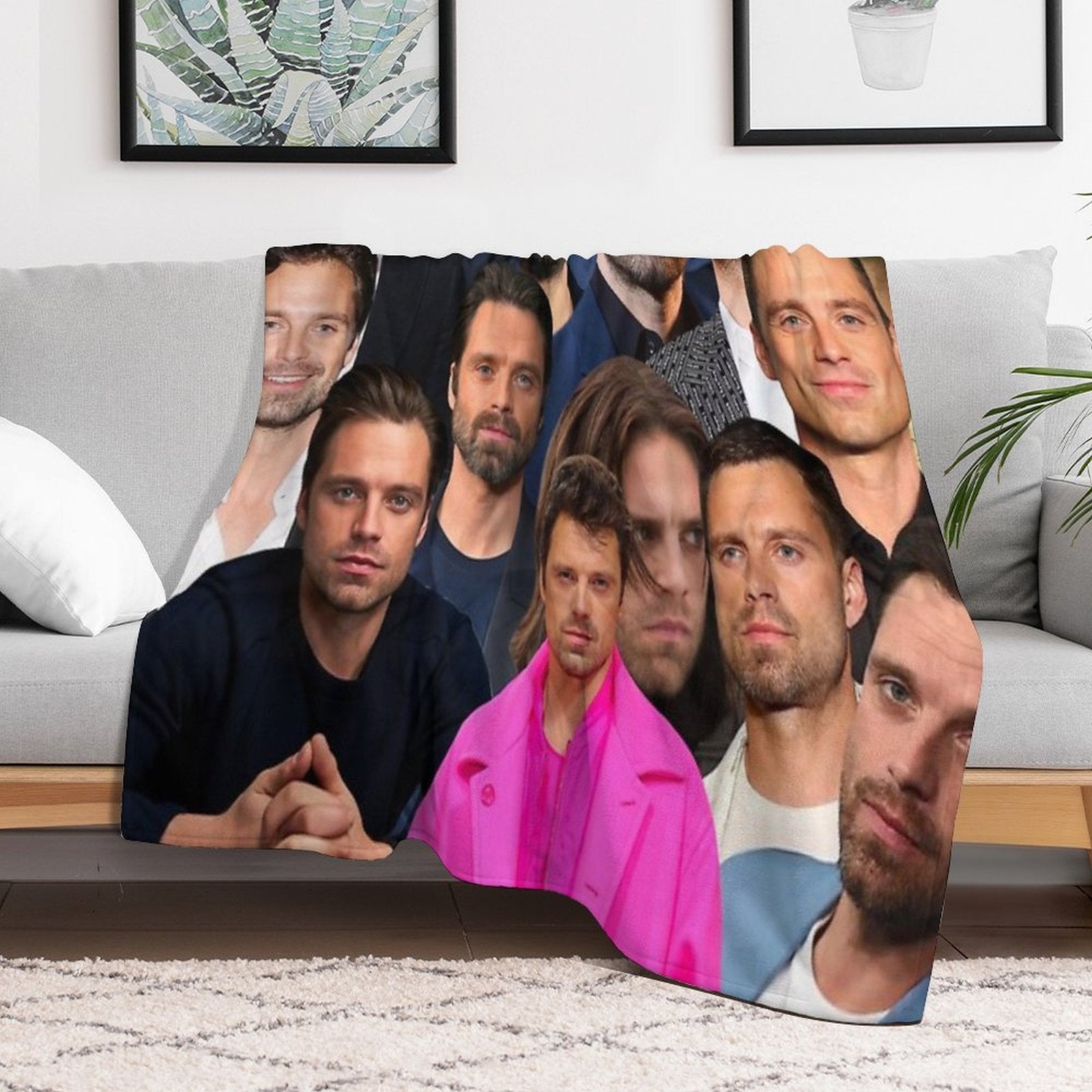 Sebastian Stan Photo Collage Throw Blanket Sustainable Throw Blanket