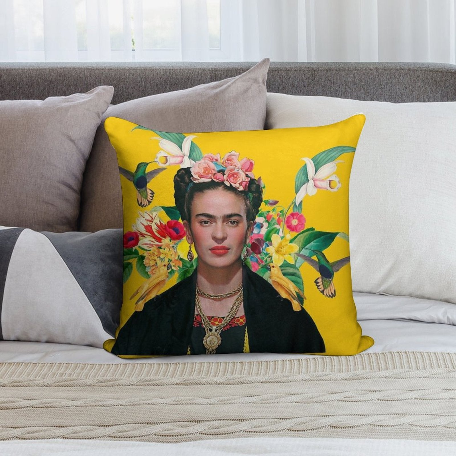 Frida Kahlo And Flowers Exotic Parrots Hummingbird ,Frida Kahlo Soft Multiple Sizes Throw Pillow