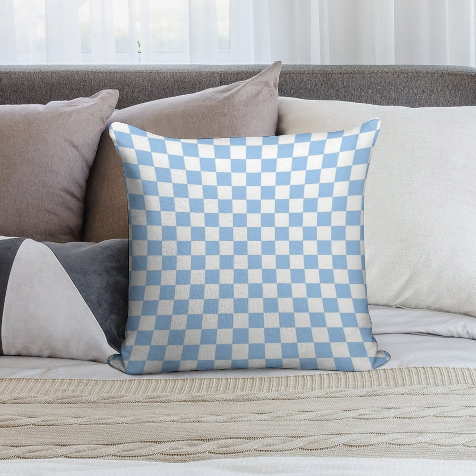 White And Baby Blue Checkerboard Soft Ultra-Soft Texture Throw Pillow
