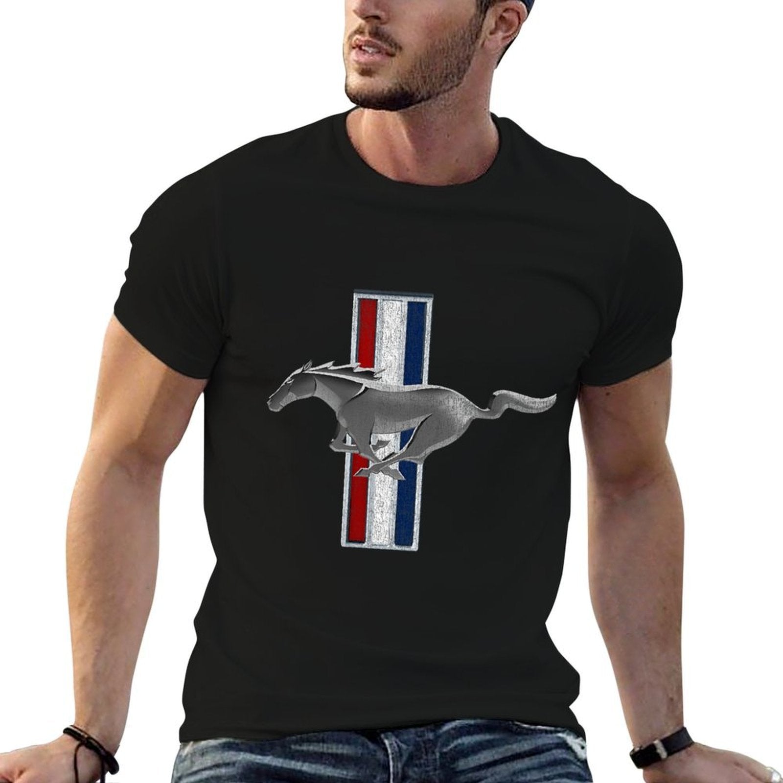 Ford Mustang Vintage Pony Logo - Black, Adult, Unisex,,, Relaxed Fit, Cotton, Size Small  Affordable Price T-Shirt