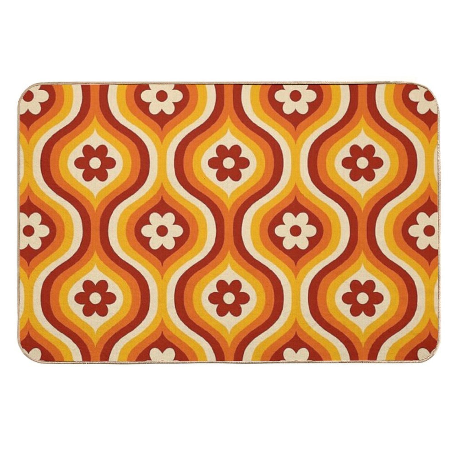 70s Groovy Daisy Ovals Pattern  Fade-Resistant Bath Mat