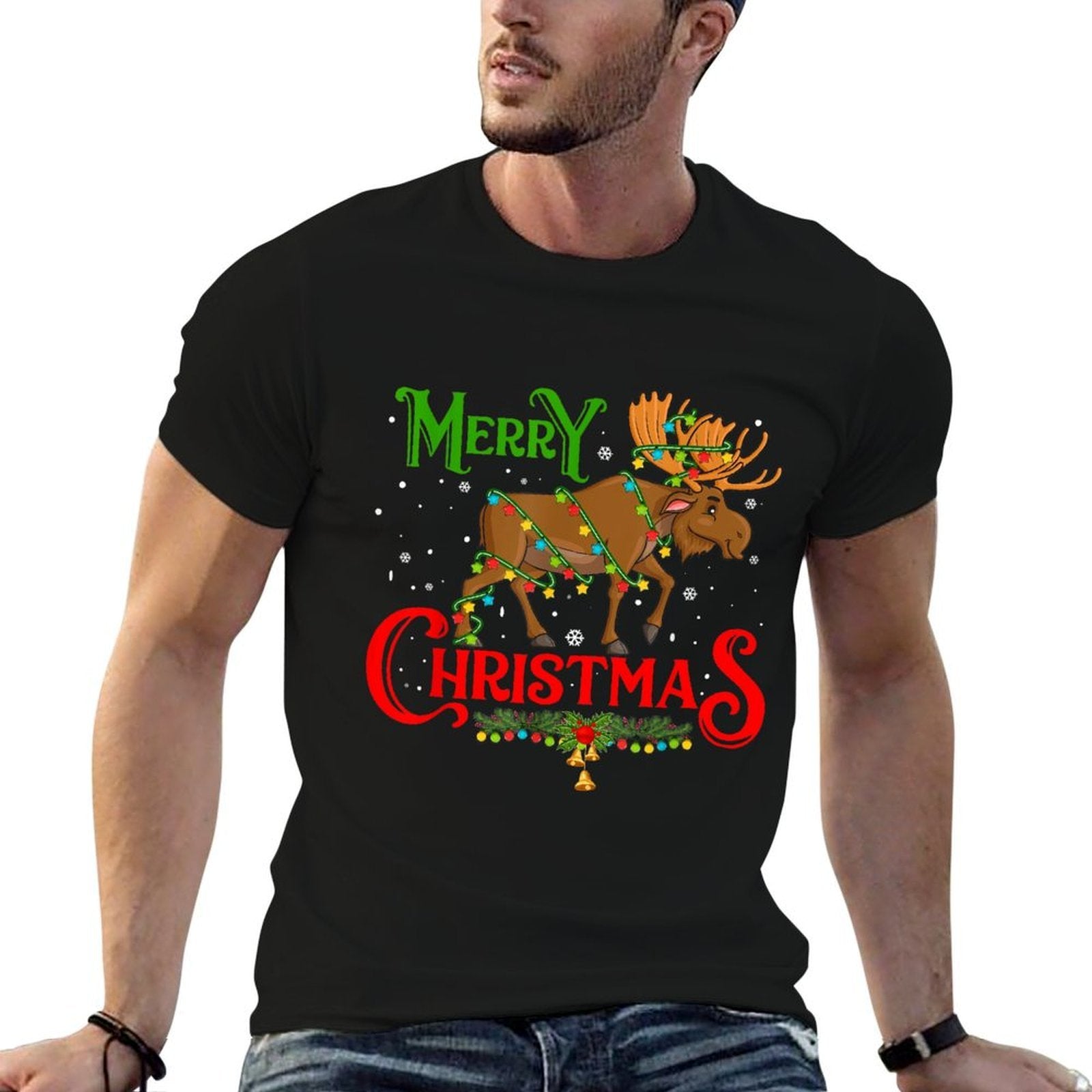 Merry Christmoose Christmas Moose Xmas Tree Lights Around  Oversized Silhouette T-Shirt