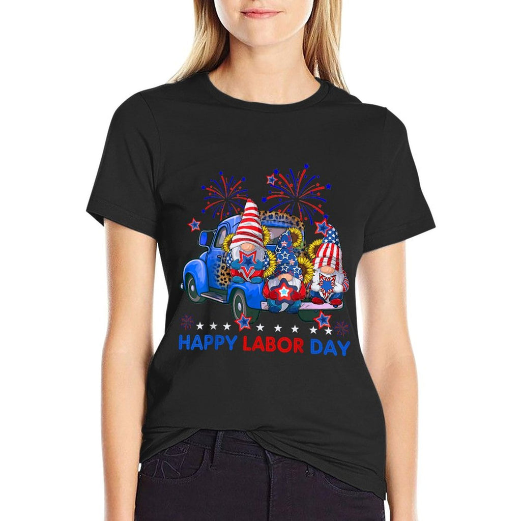 Happy Labor Day Fireworks American And Funny Gnomes  Wrinkle-resistant T-Shirt