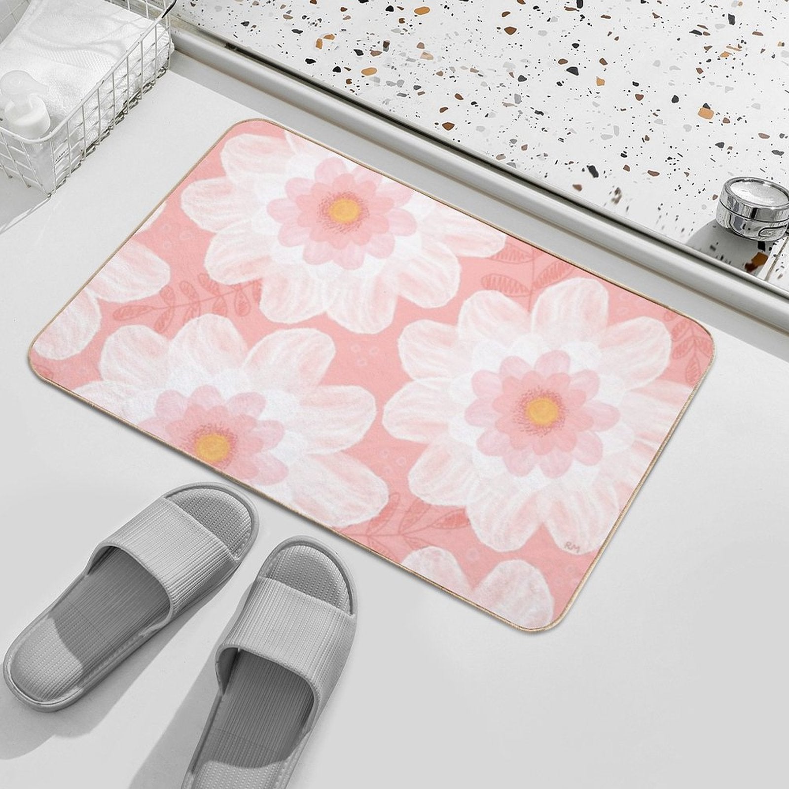 White Summer Flowers  High-Traffic Bath Mat