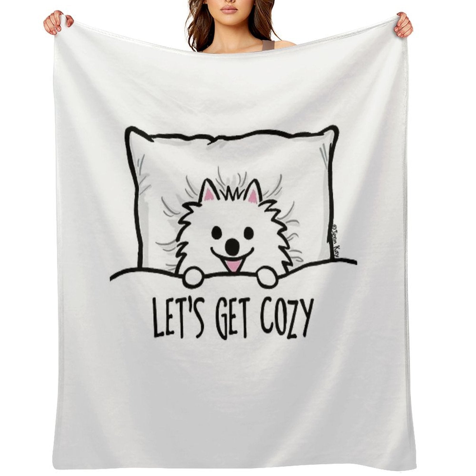 White Pomeranian Tucked Into Bed Cute Pom Cartoon Dog Durable Throw Blanket