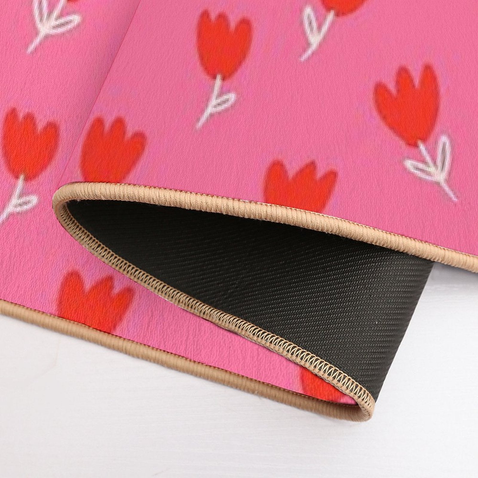 Red Tulips with White Leaves And Stems Drawn on A Pink Background.  Repositionable Bath Mat