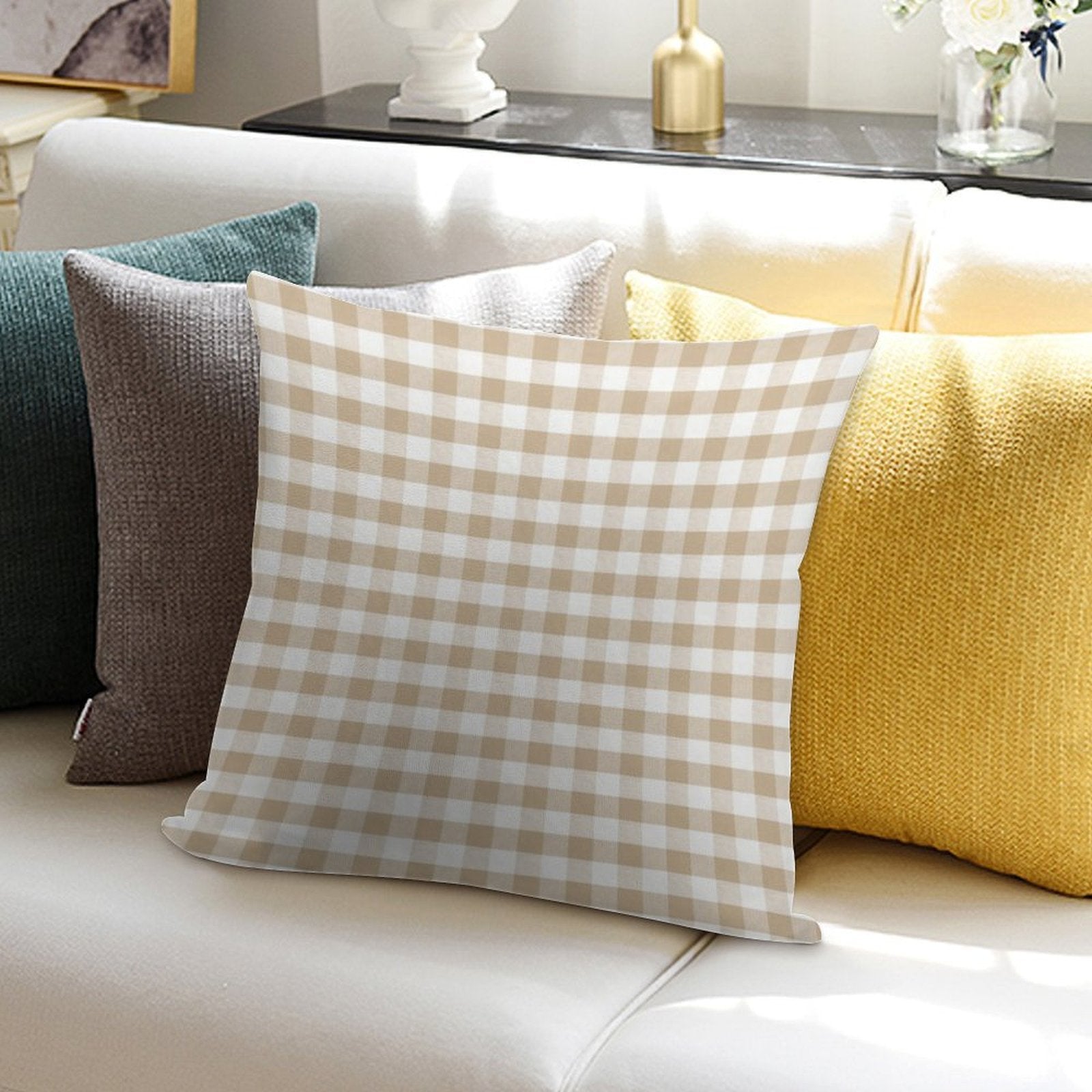 Almond Buff Tan Gingham Soft Gift Ready Throw Pillow