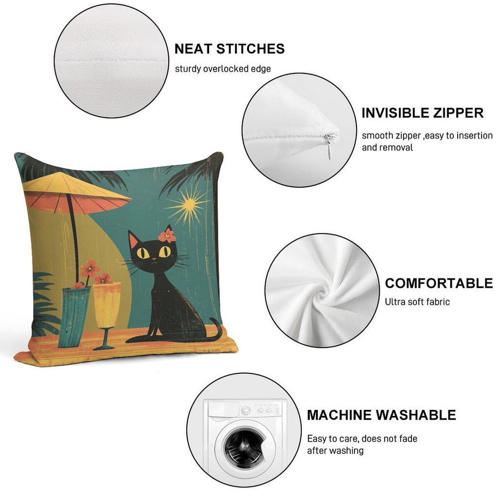Mid Century Atomic Tiki Black Cat – Retro Lounge Aesthetic Soft Luxury Feel Throw Pillow