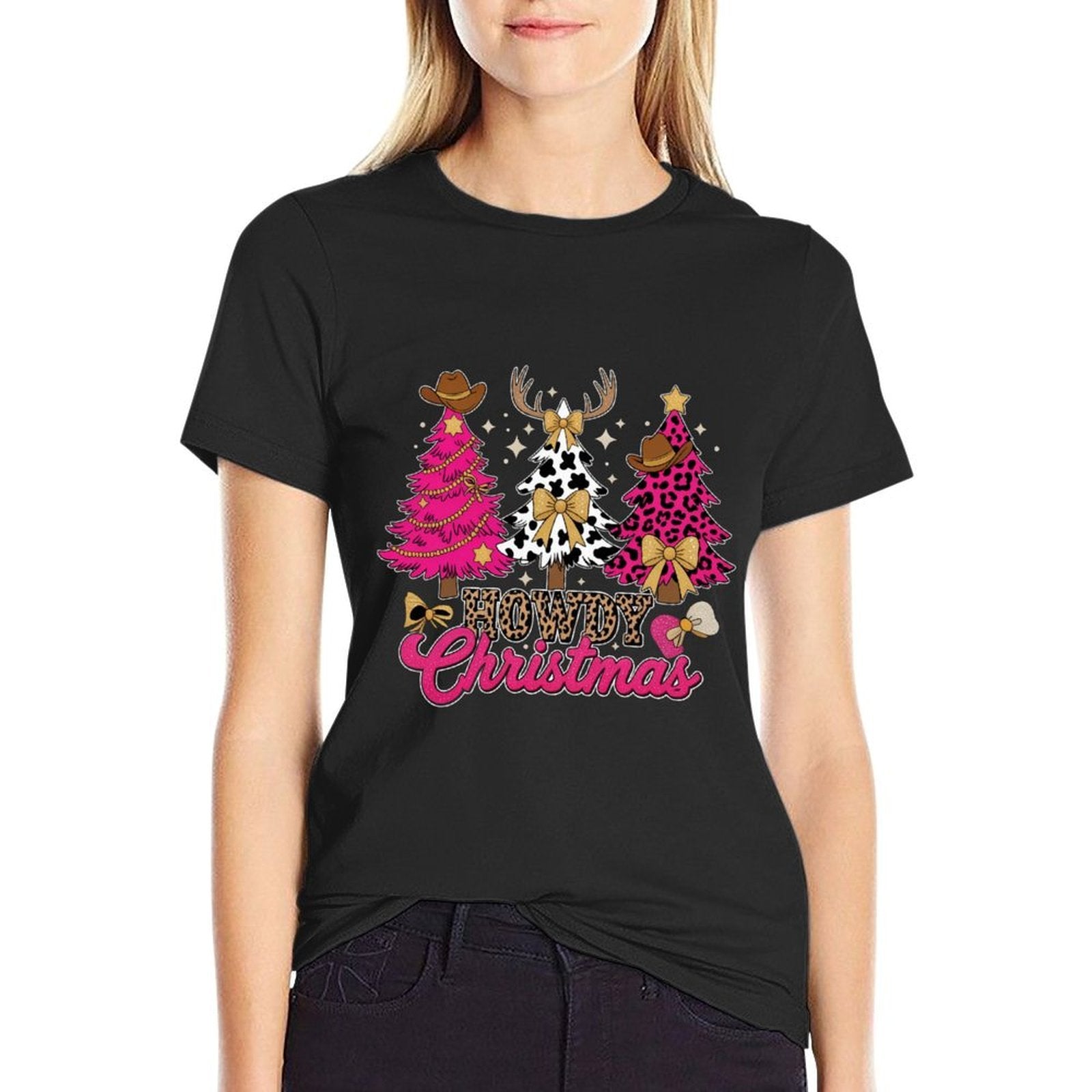 Howdy Christmas Pink Leopard Cow-Print Tree Coquette Cowgirl  Durable T-Shirt