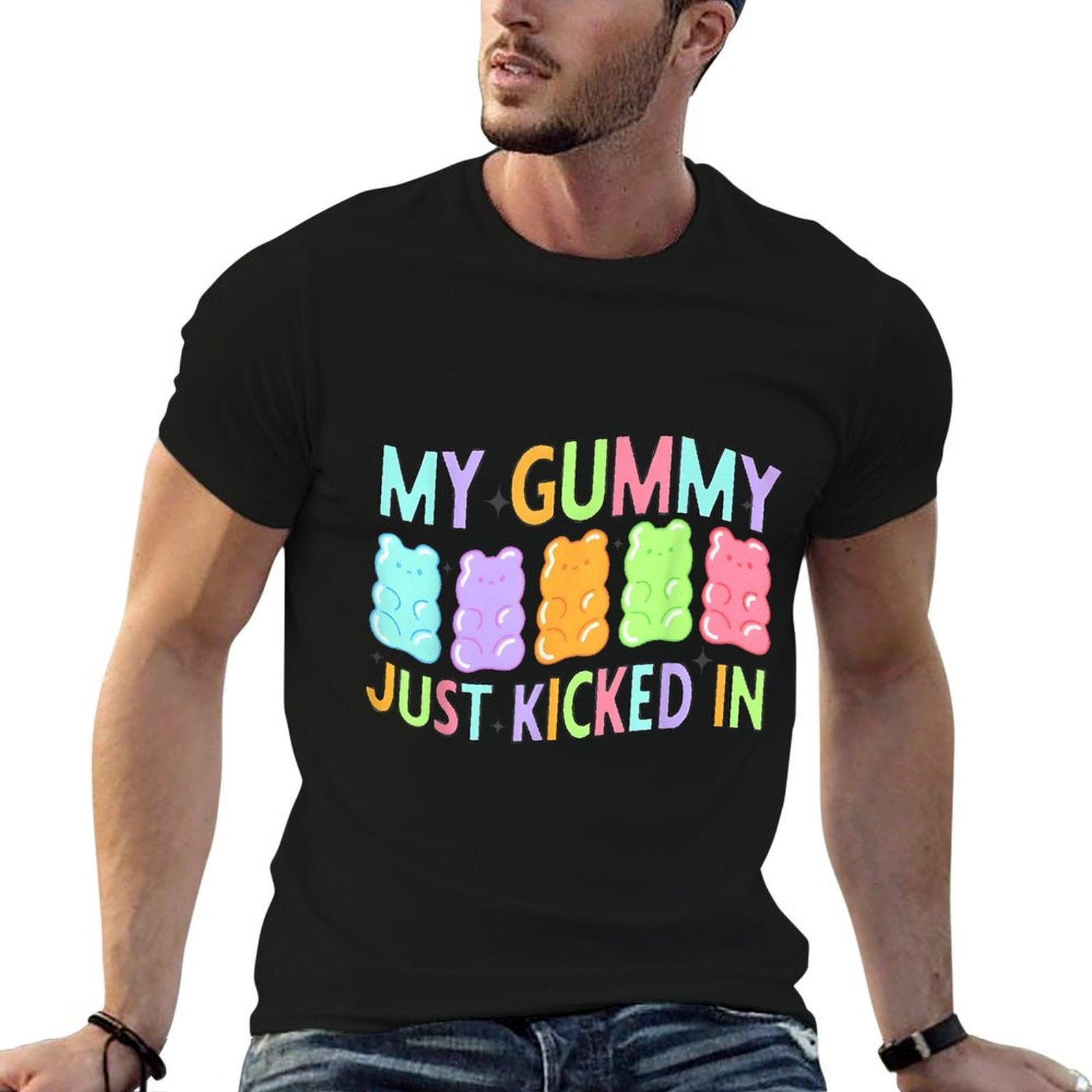 Funny My Gummy Just Kicked In Unisex-Adults Black Cotton 50 Polyester 50 Modern Casual Humorous Design  Cotton T-Shirt