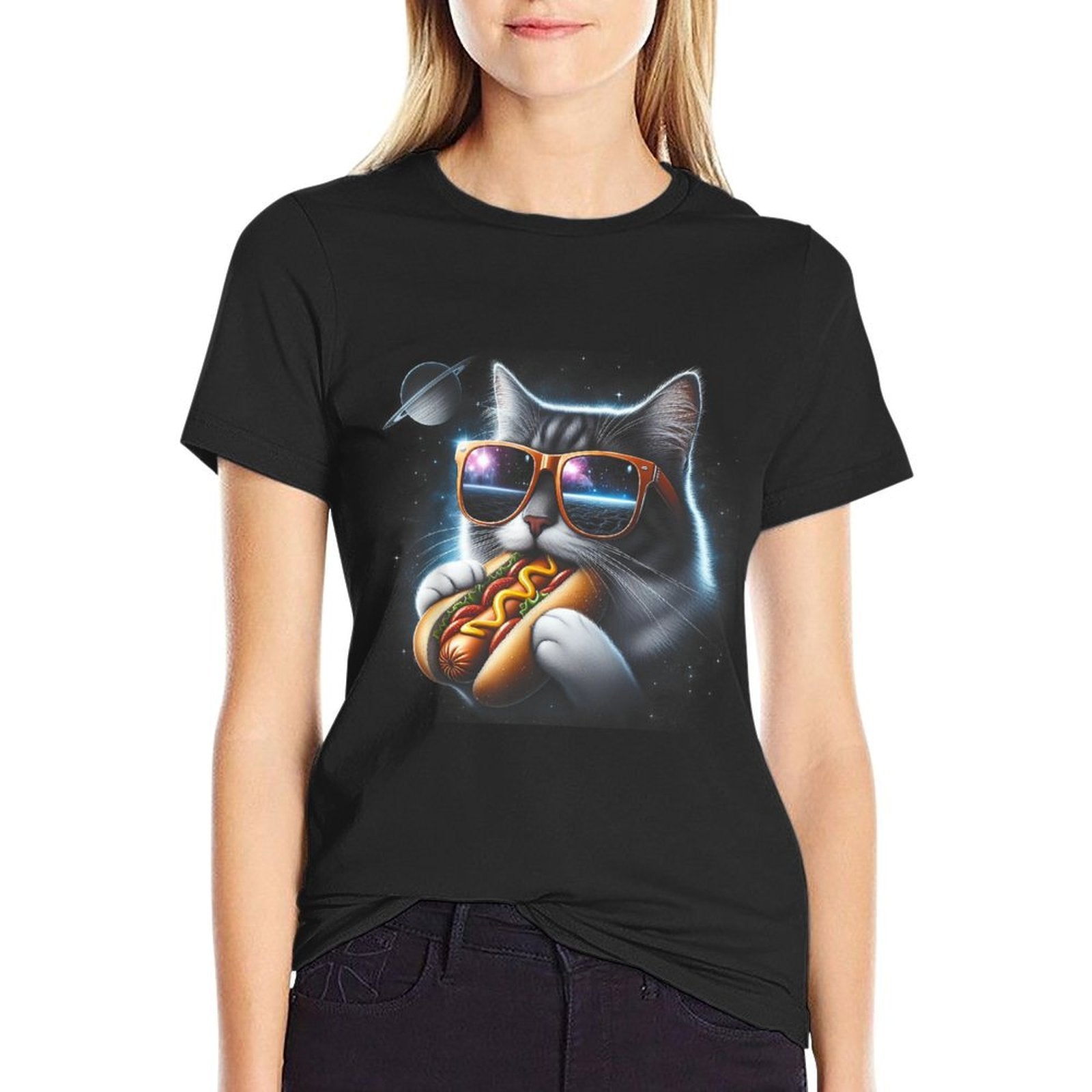 Funny Cat Eating Hotdog in Space Kitty Space Galaxy Men Women Kids  High-quality Stitching T-Shirt