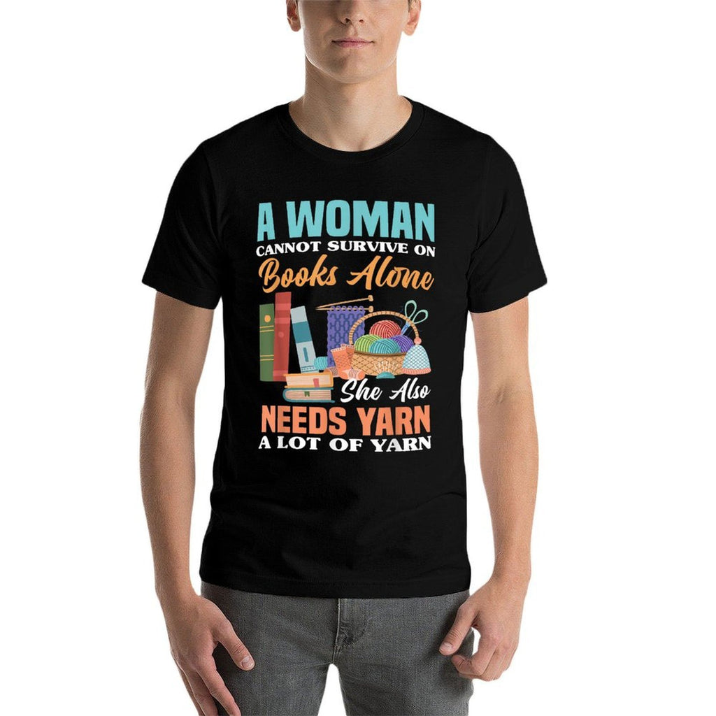 Woman Survives On Books Yarn Knitting  Polyester Blend T-Shirt