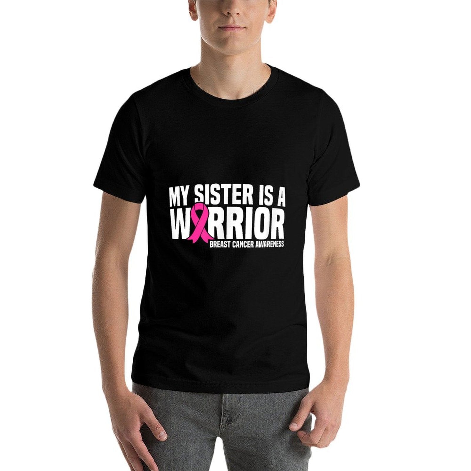 My Sister Is A Warrior Pink Ribbon Breast Cancer Awareness  Rolled Sleeves T-Shirt