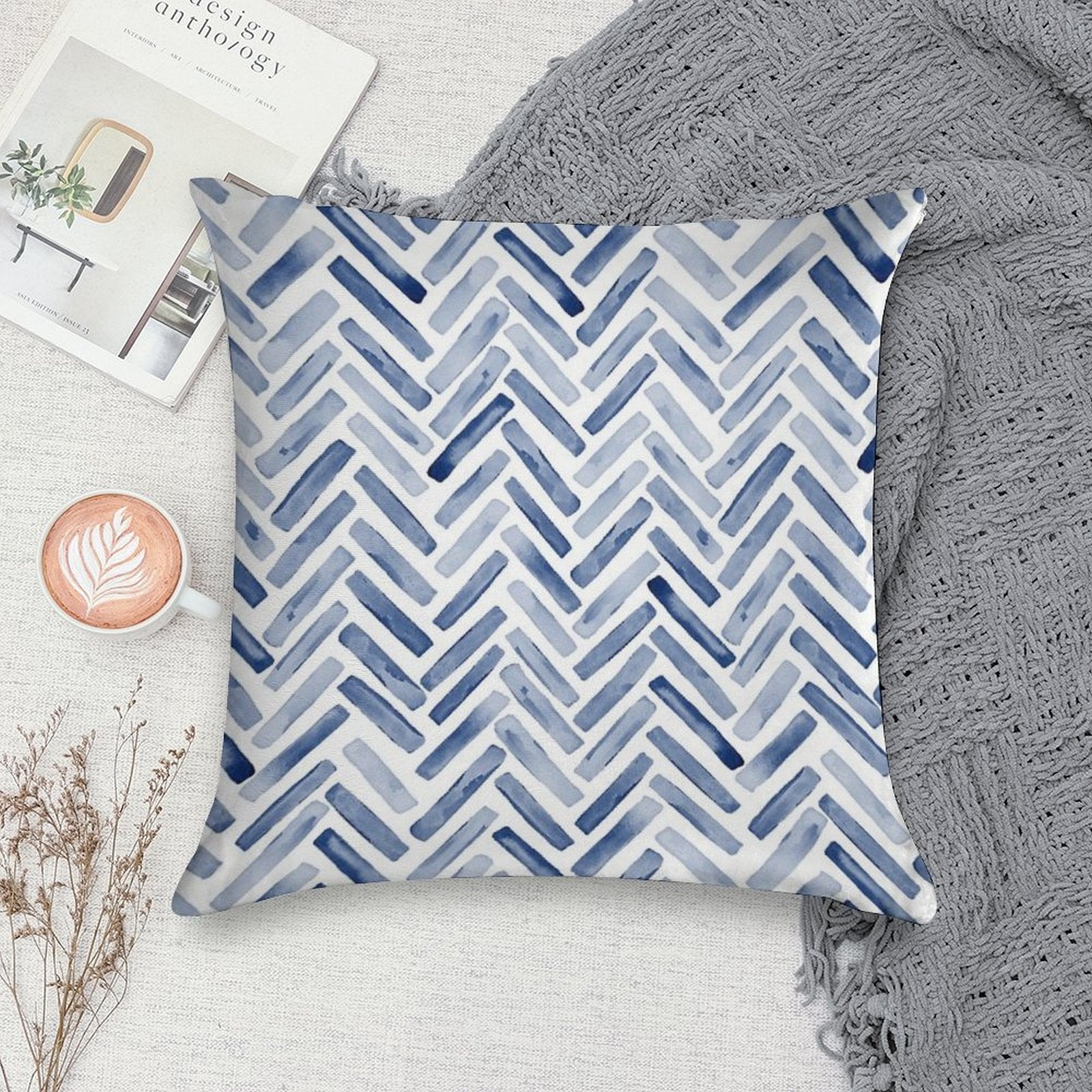 Indigo Blue Watercolor Herringbone Chevron Soft Easy Maintenance Throw Pillow
