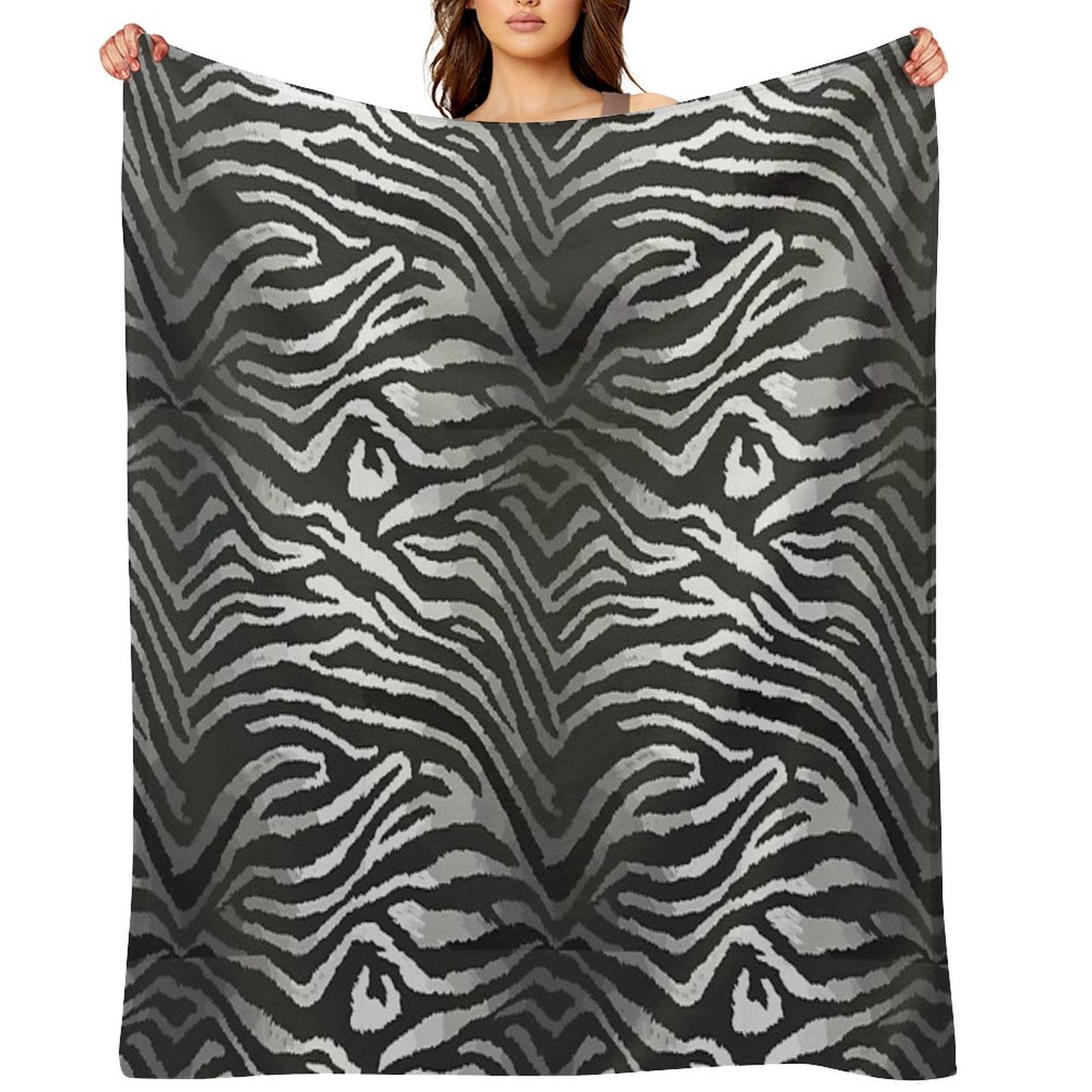 Black And White Seamless Pattern with Tiger Skin, Seamless Tiger Stripe Pattern, Wild Animal Tiger Head Face Mascot Design Vecto Quick-dry Throw Blanket