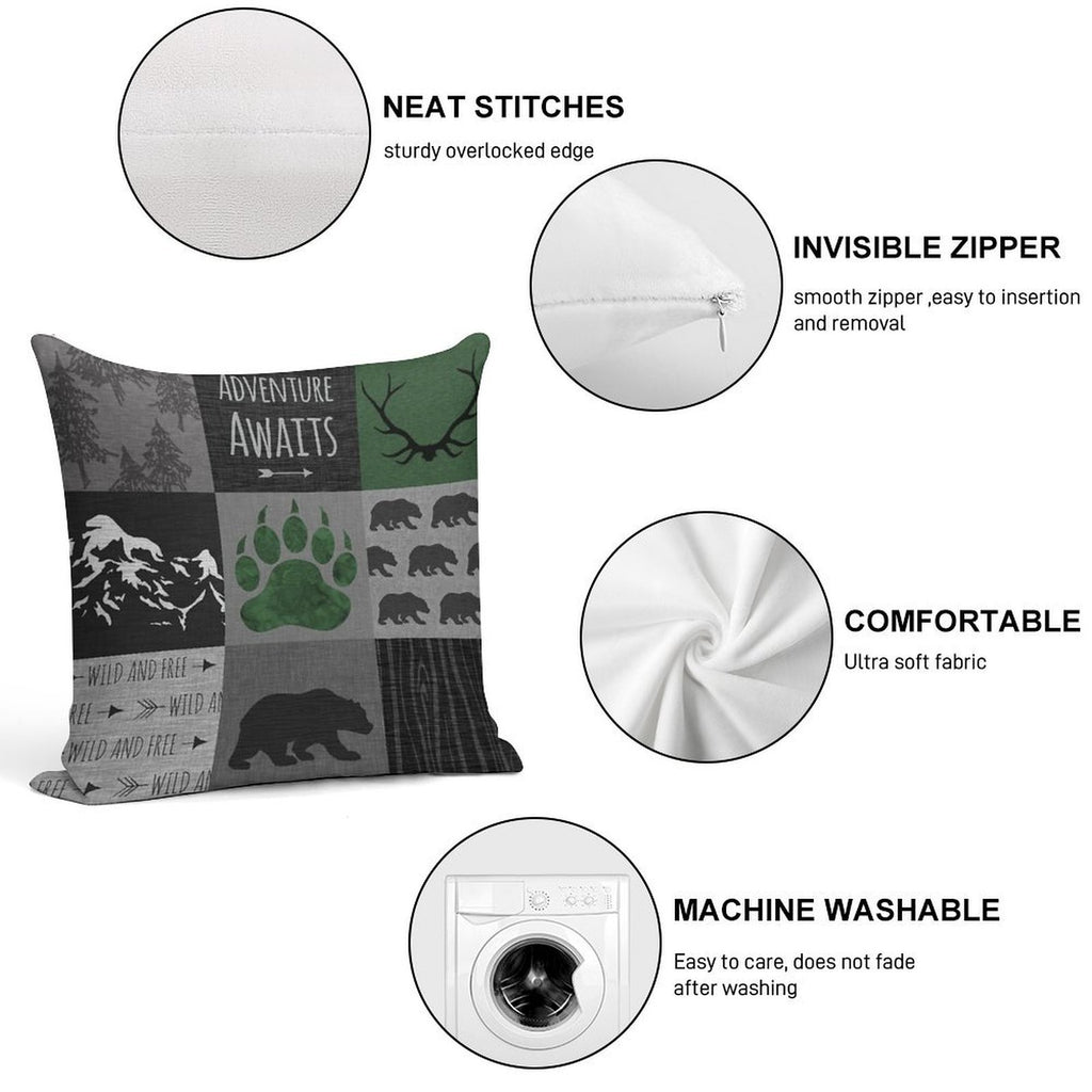 Adventure Awaits Bears - GreenBlack Soft Fade-Resistant Throw Pillow