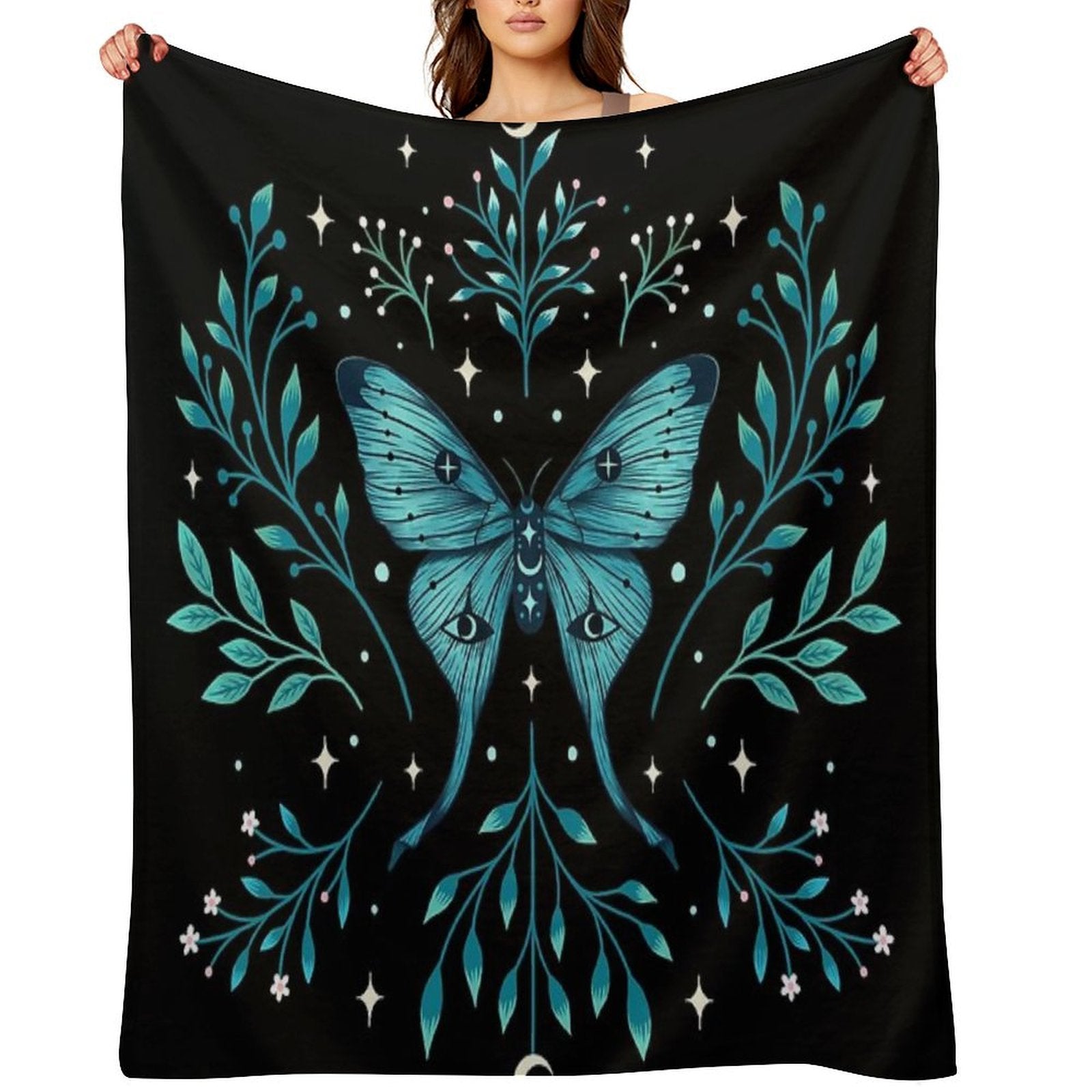 Mystical Moon Moth - Turquoise Eco-conscious Throw Blanket