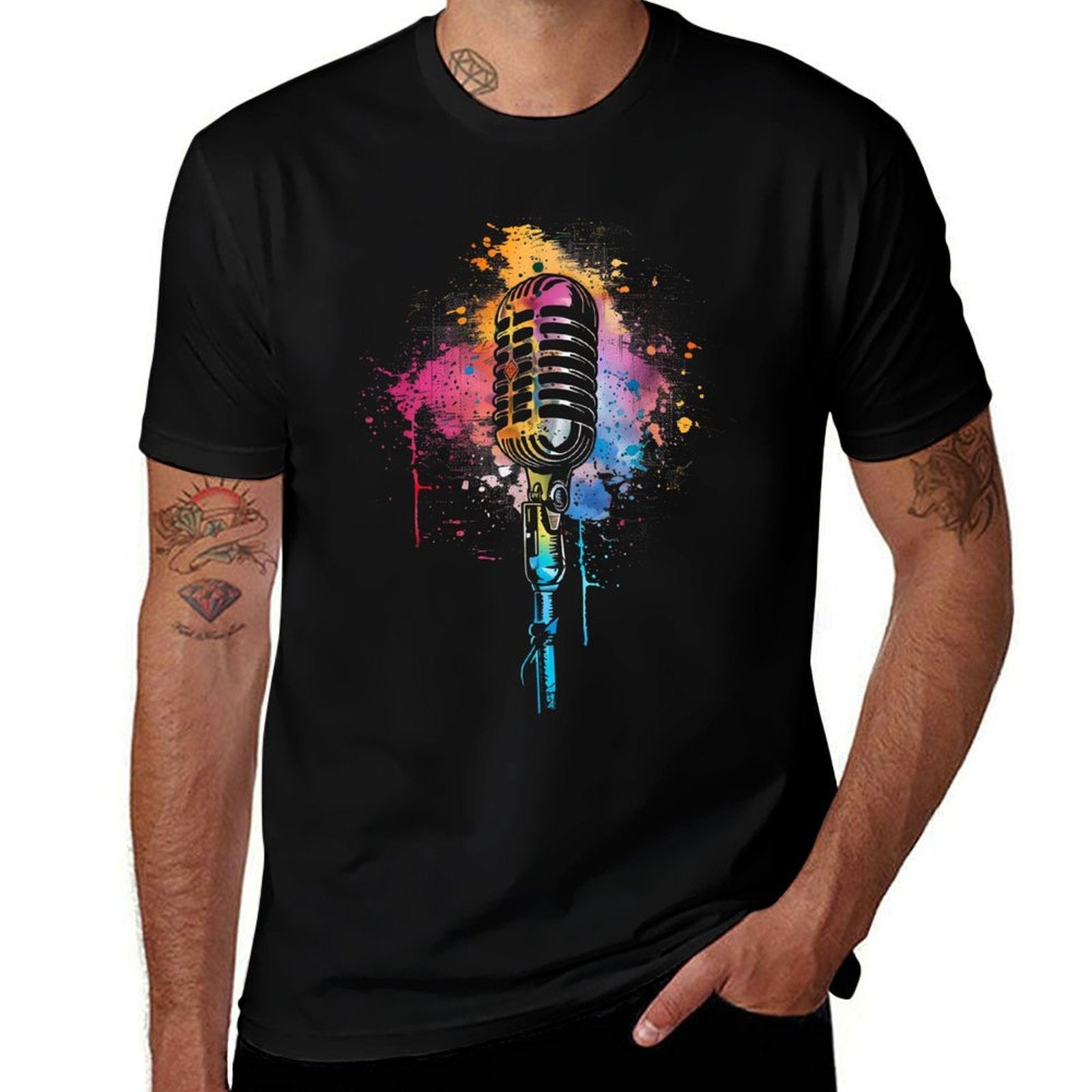 Singer Vintage Microphone Watercolor Karaoke Singing  Summer-ready Fabric T-Shirt