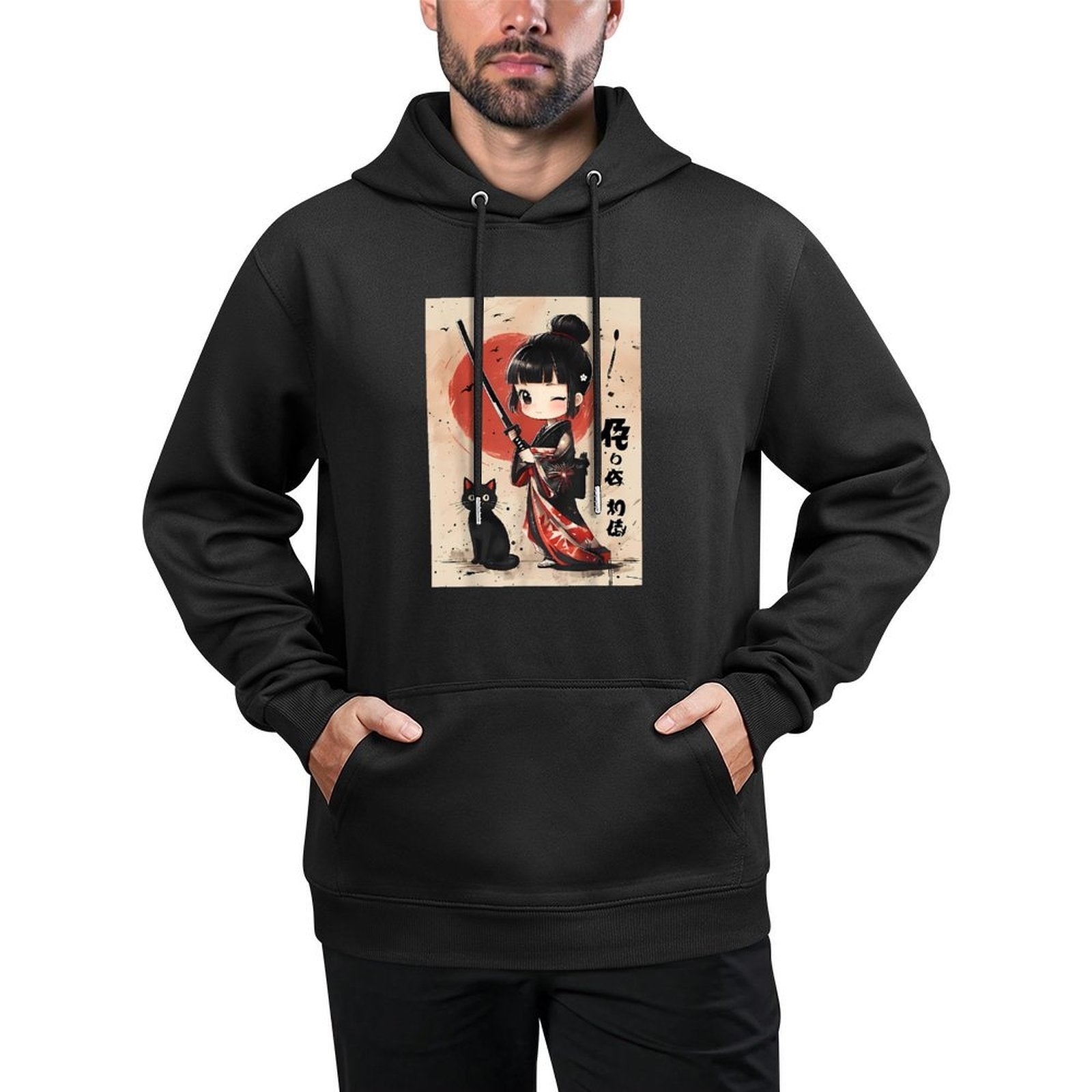 Cute Kawaii Samurai Girl with Katana Cat Japanese Anime Breathable Fabric Hoodie