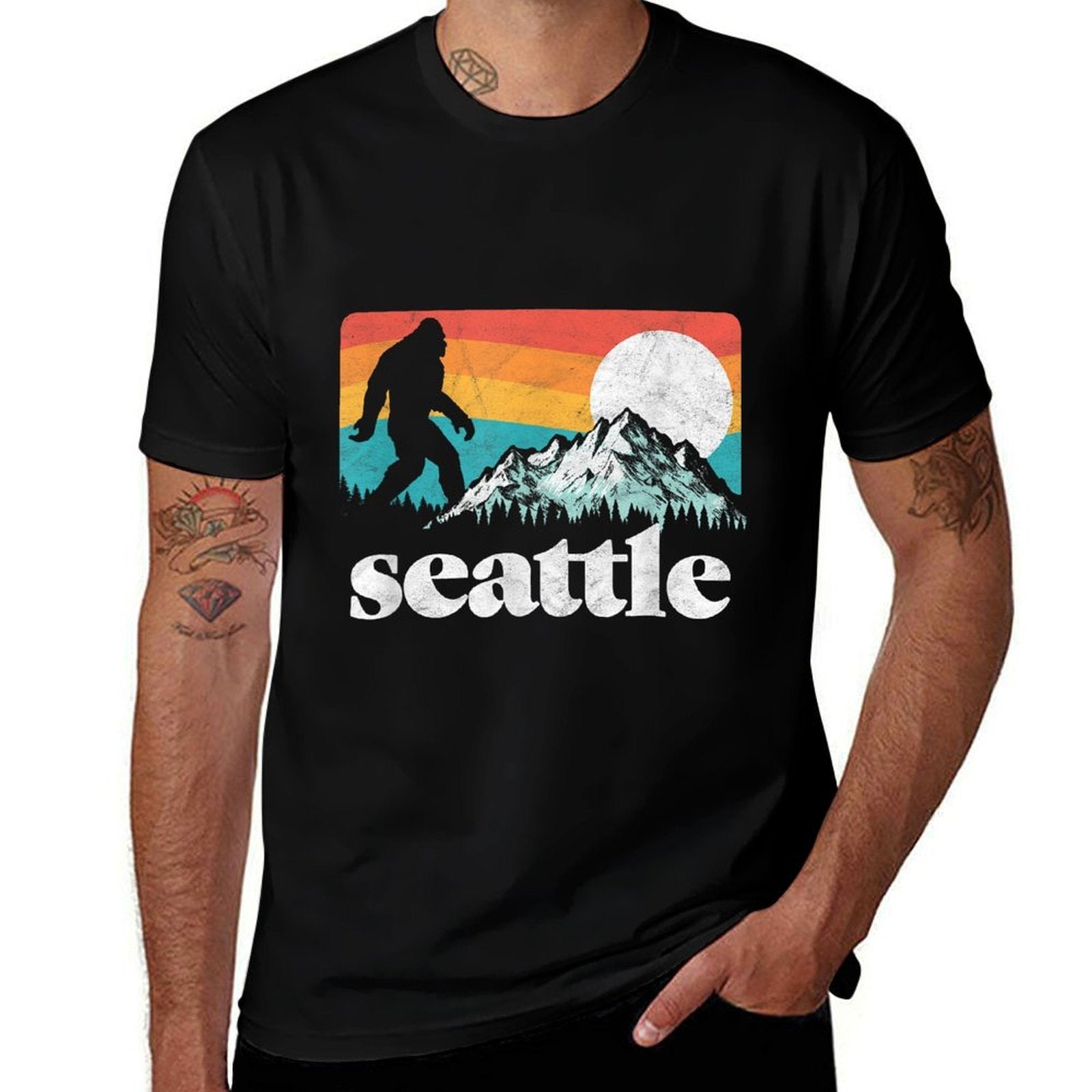 Seattle Washington Bigfoot Mountains Retro Distressed 80s  Versatile T-Shirt