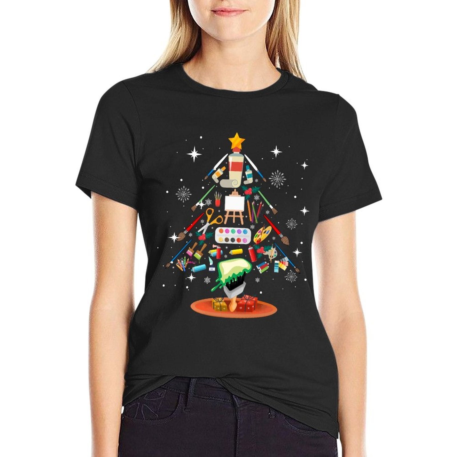 Art Christmas Tree Decor Art Teacher Ugly Artist Xmas Pajama  Fade-proof Color T-Shirt