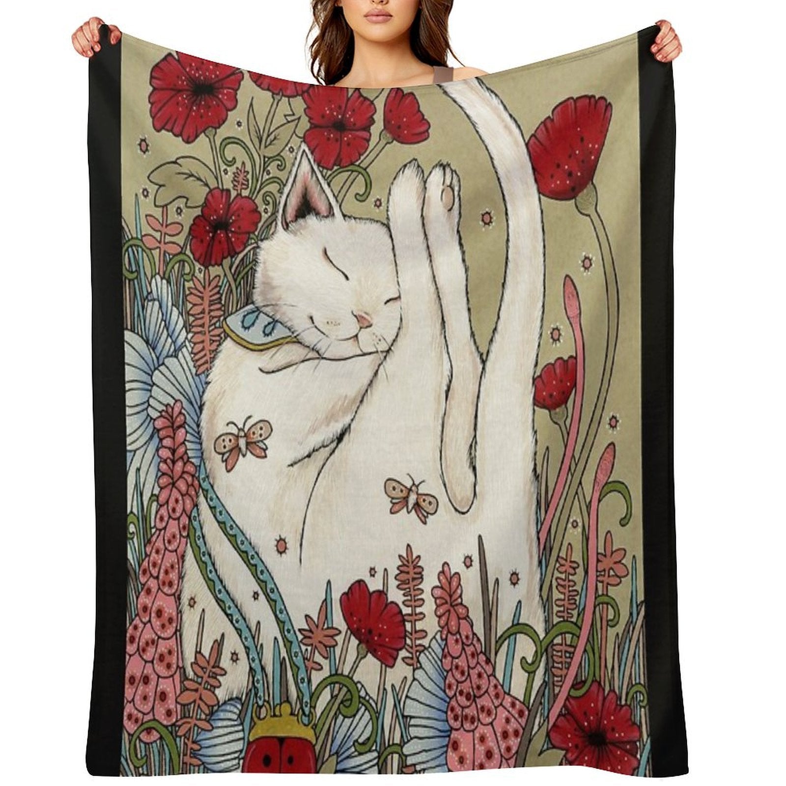 Poppies And Ladybug Machine-washable Throw Blanket