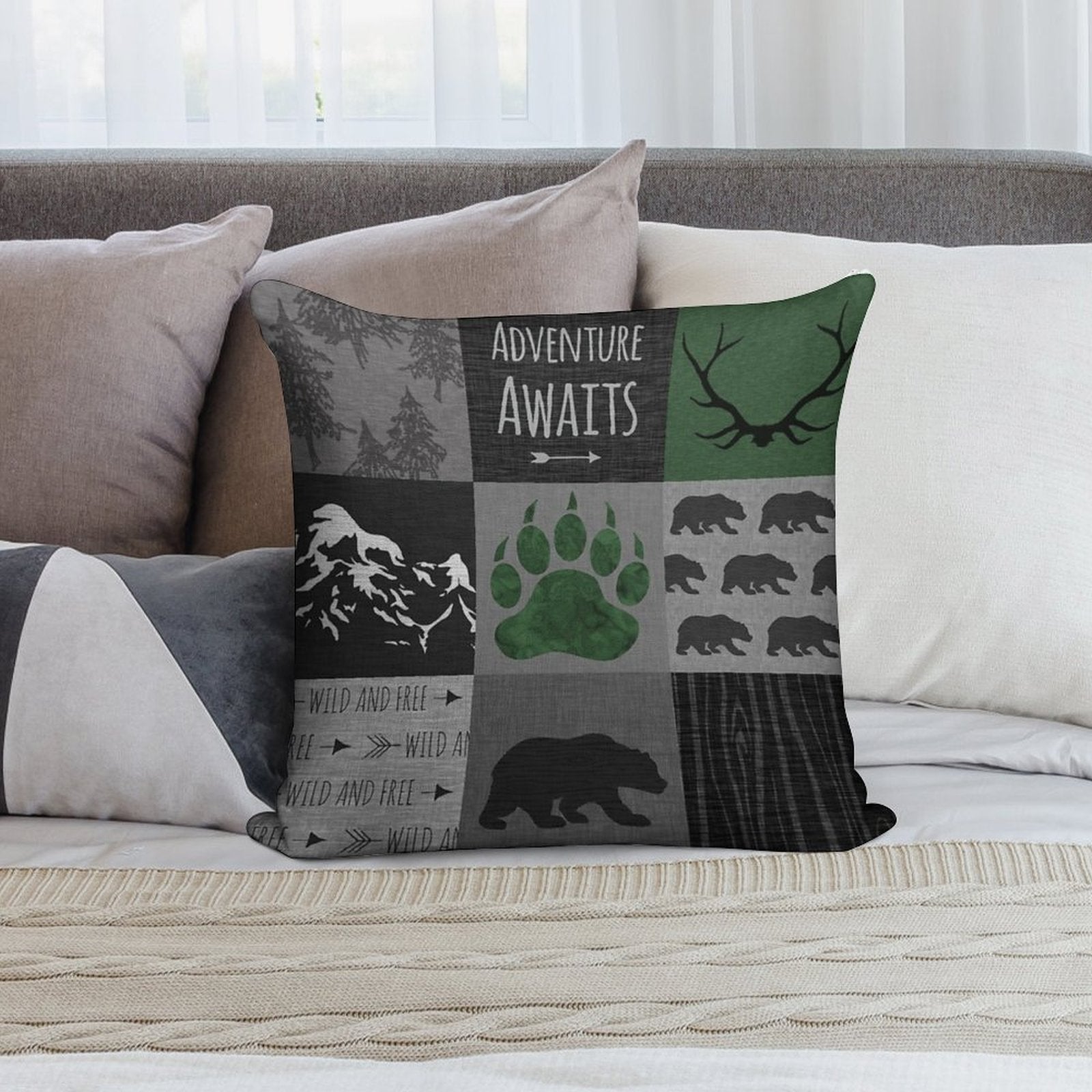 Adventure Awaits Bears - GreenBlack Soft Fade-Resistant Throw Pillow