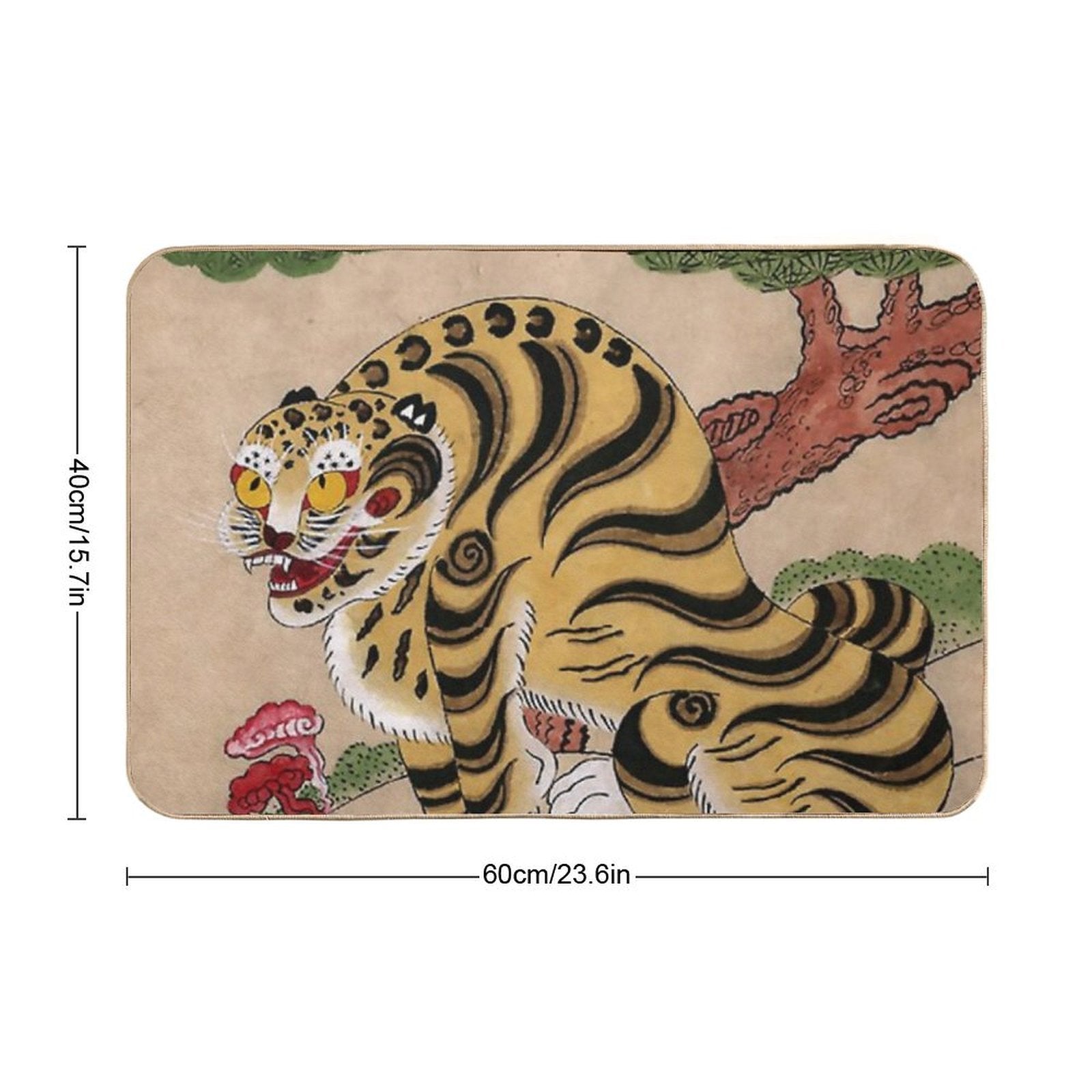 Striped Korean Minhwa Tiger with Magpies  Fade-Resistant Bath Mat