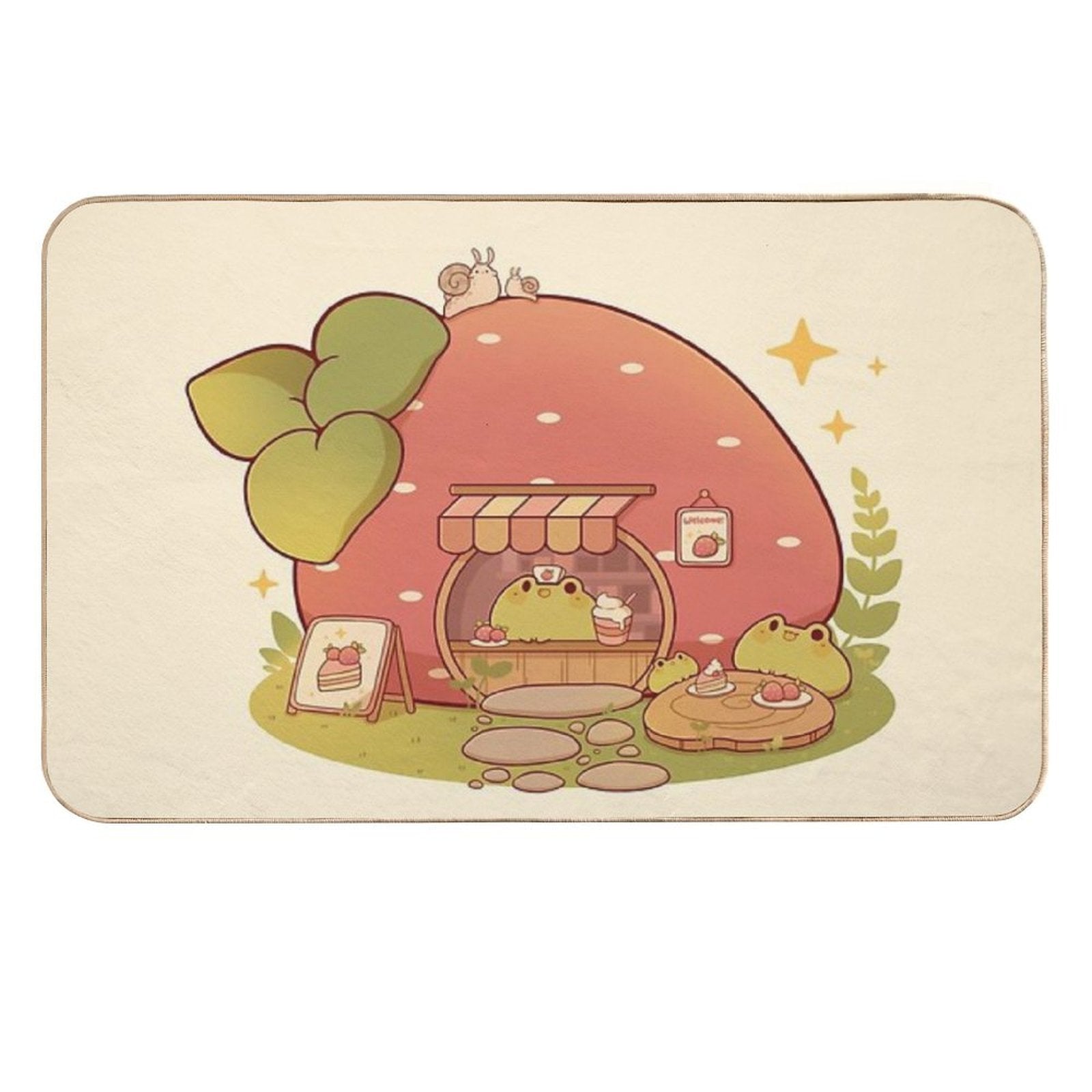Strawberry Bakery Shop with Frogs  Repositionable Bath Mat
