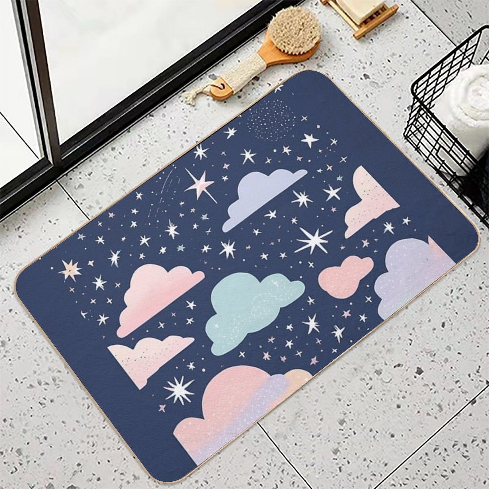 Cute Pastel Clouds Sparkly Night Sky  Slip-Resistant Bath Mat