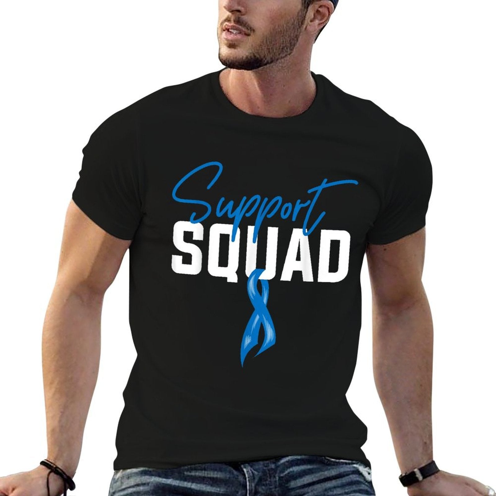 Colon Cancer Awareness Support Squad Blue Ribbon  Rolled Sleeves T-Shirt
