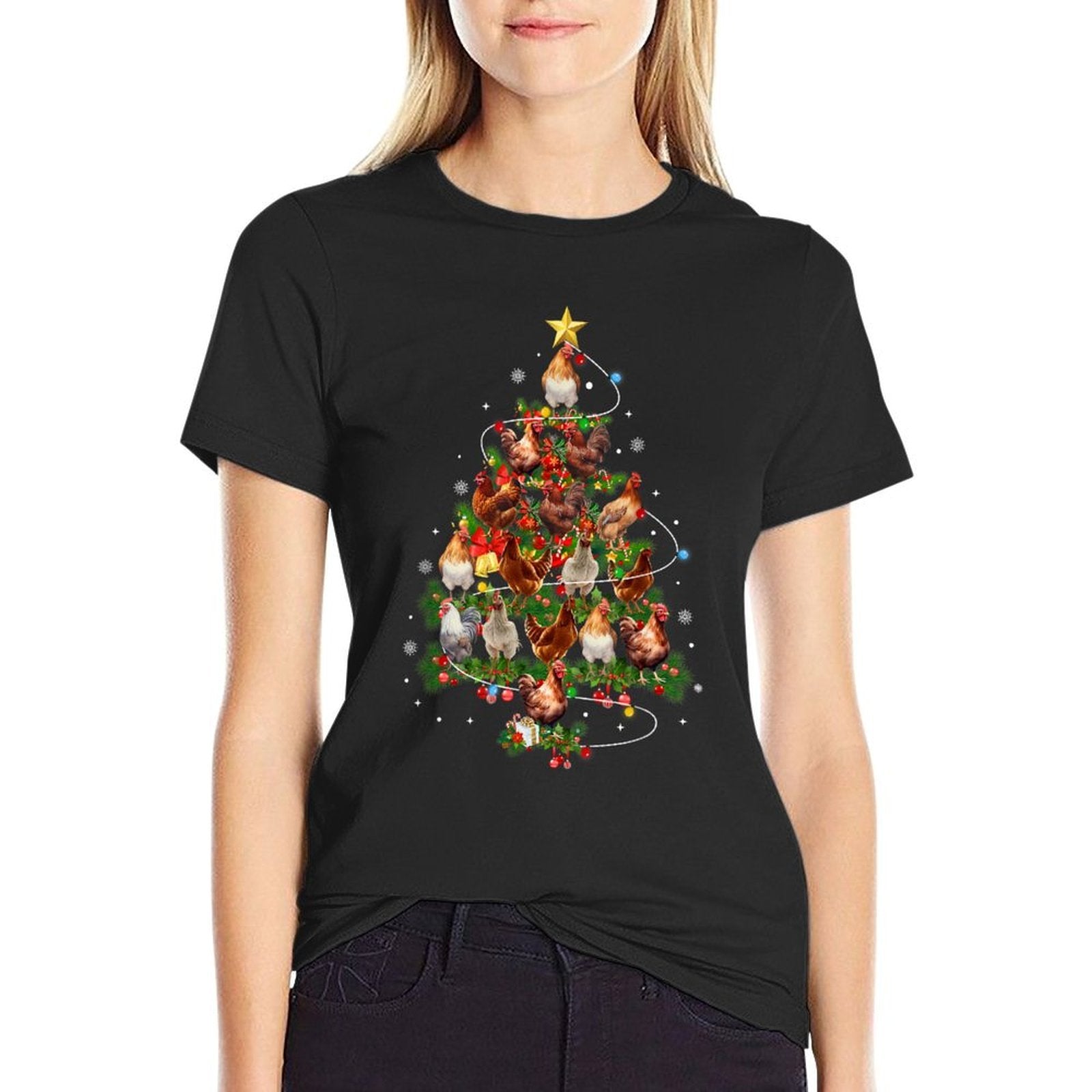 Chicken Christmas Tree Lights Santa Hat Xmas Chicken Lover  Tagless Design T-Shirt