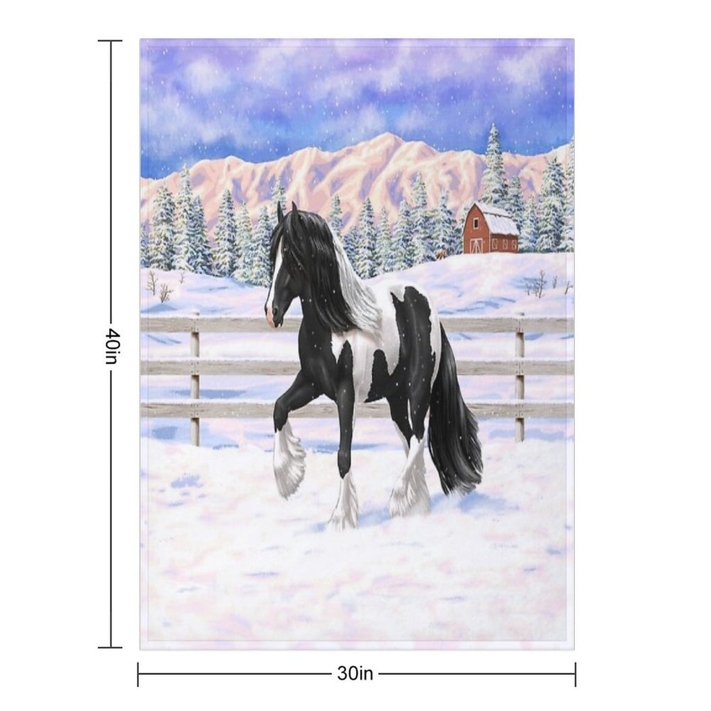 Black Pinto Piebald Gypsy Vanner Draft Horse In Snow Easy Care Throw Blanket