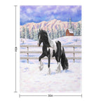 Black Pinto Piebald Gypsy Vanner Draft Horse In Snow Easy Care Throw Blanket