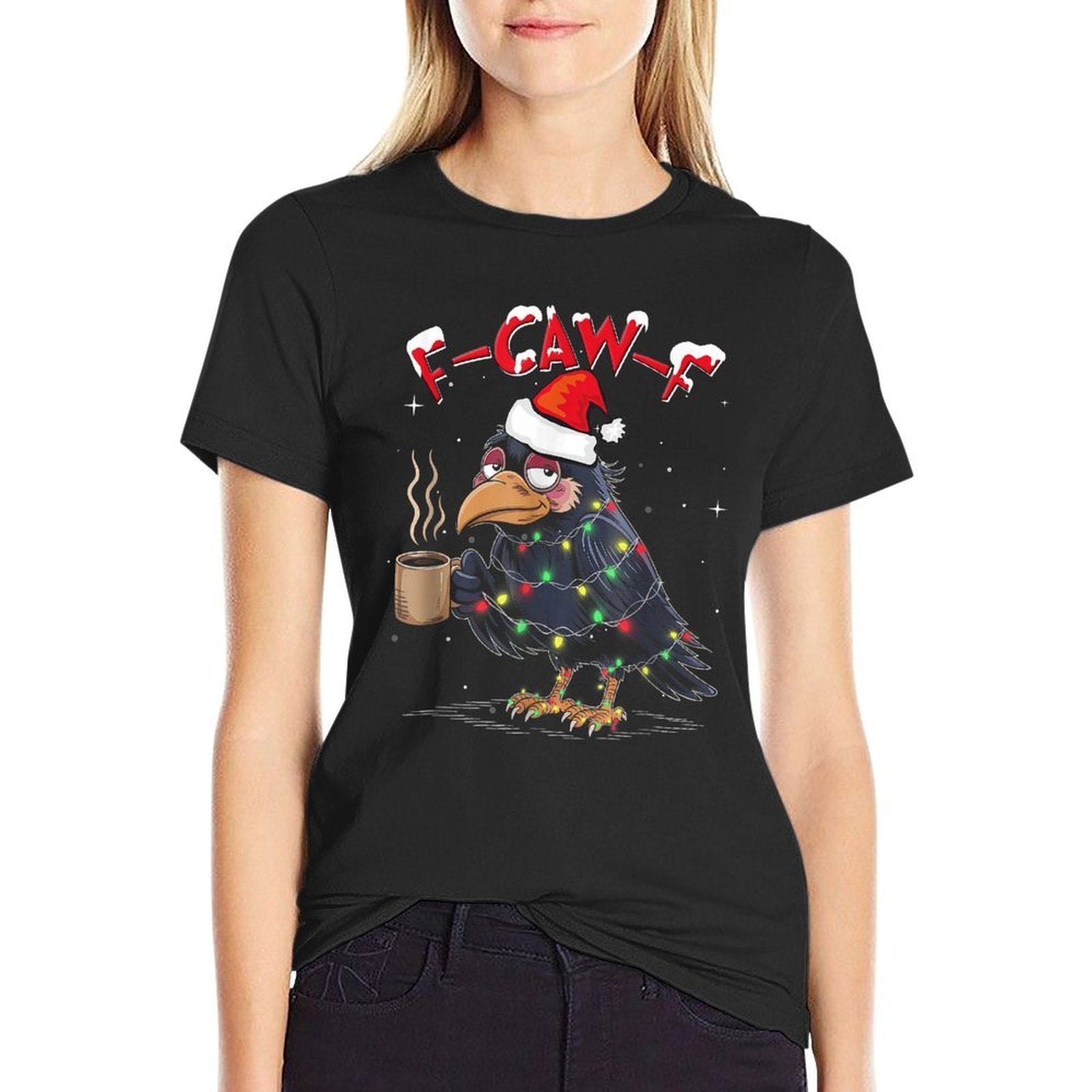 F-Caw-F Christmas Crow Xmas Goth Lights Santa Hat Raven Comfortable T-Shirt