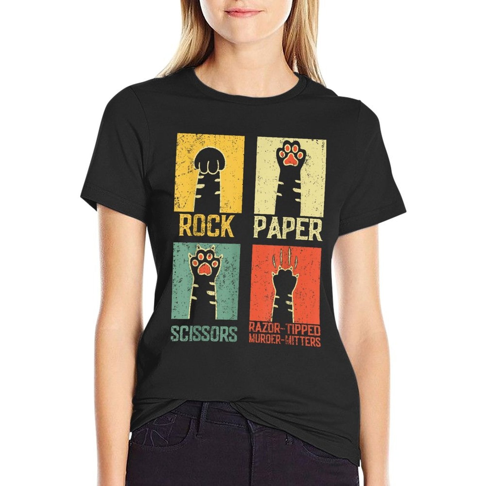 Retro Rock Paper Scissors Hand Game Cute Paw Humor Cat Meme for Men Women  Breathable T-Shirt